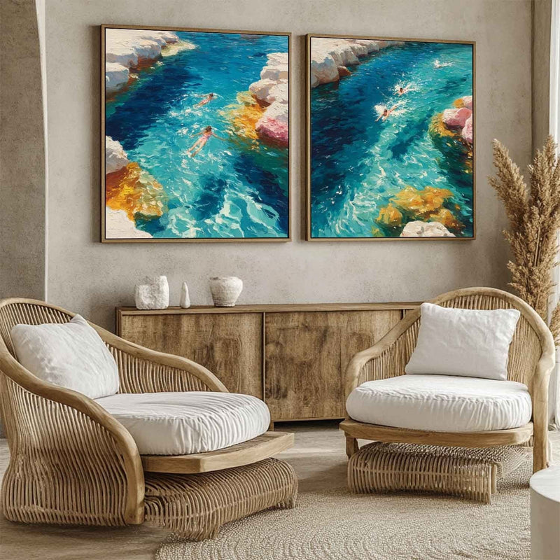 Snorkeling Cove Diptych Impasto Painting