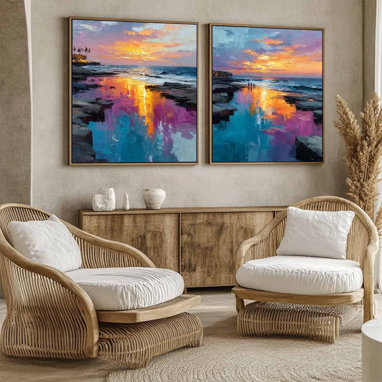 Coastal Sunset Diptych Impasto Painting