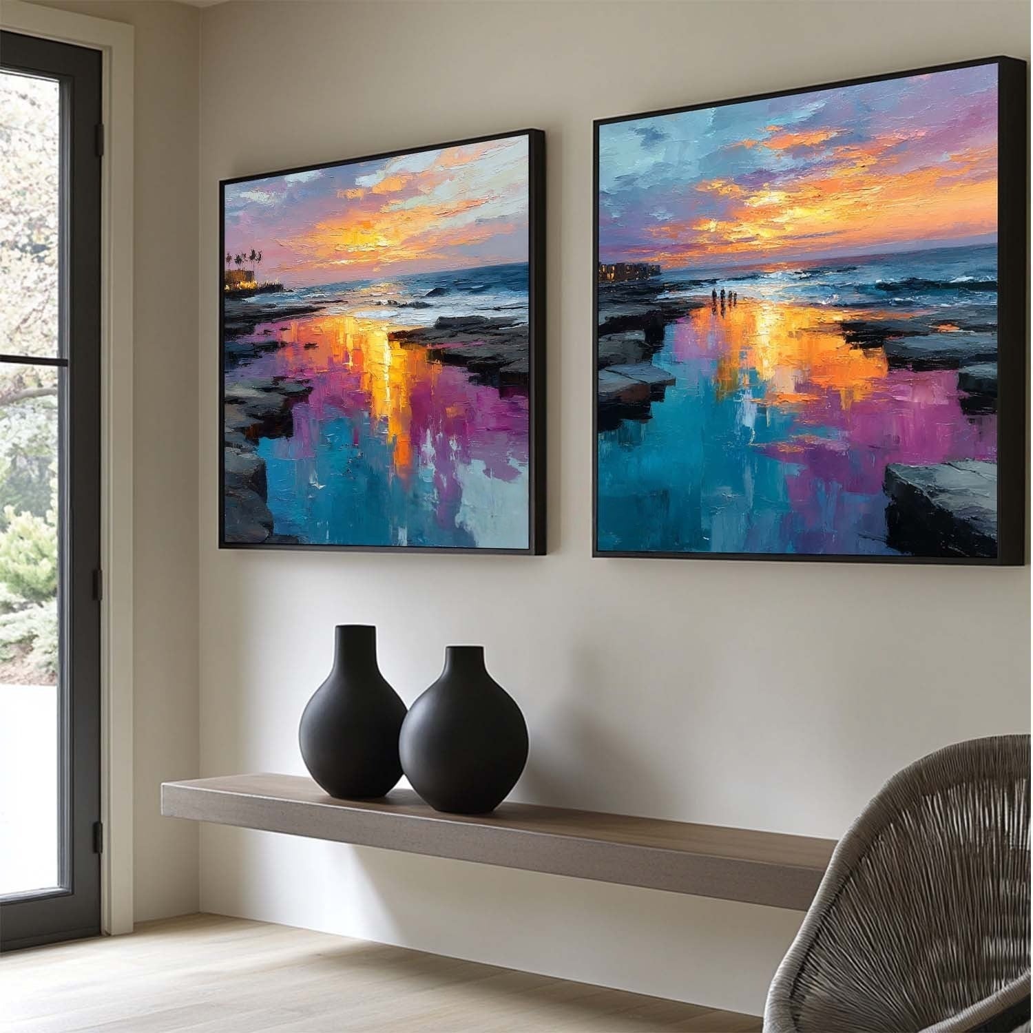 Coastal Sunset Diptych Impasto Painting