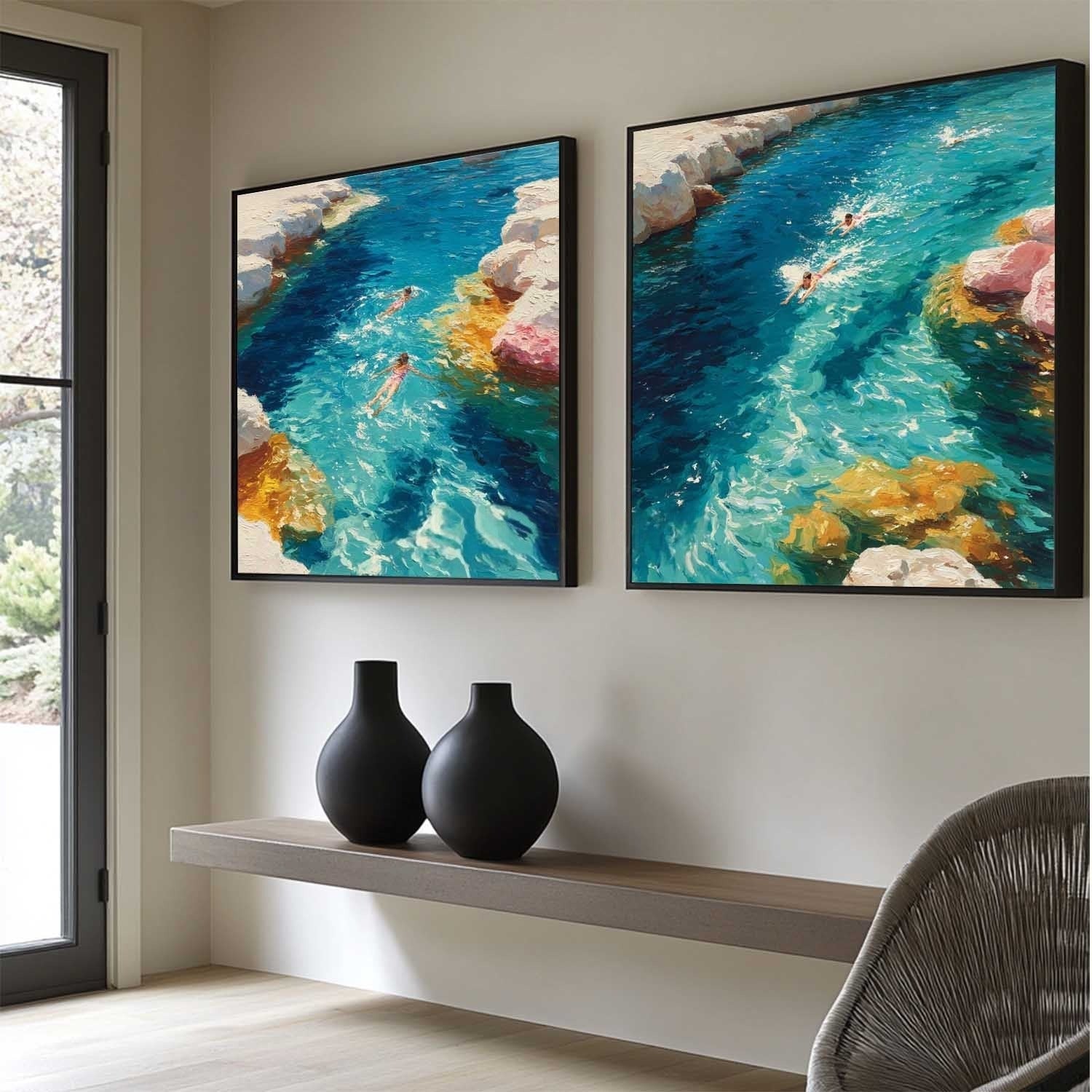Snorkeling Cove Diptych Impasto Painting