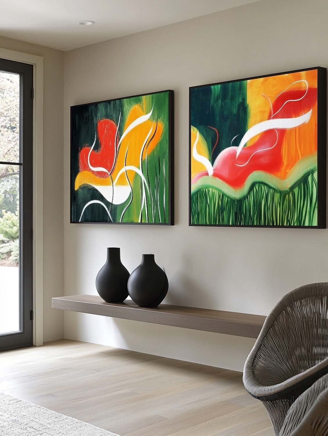 Wall Art Vibrant Abstract Floral Diptych