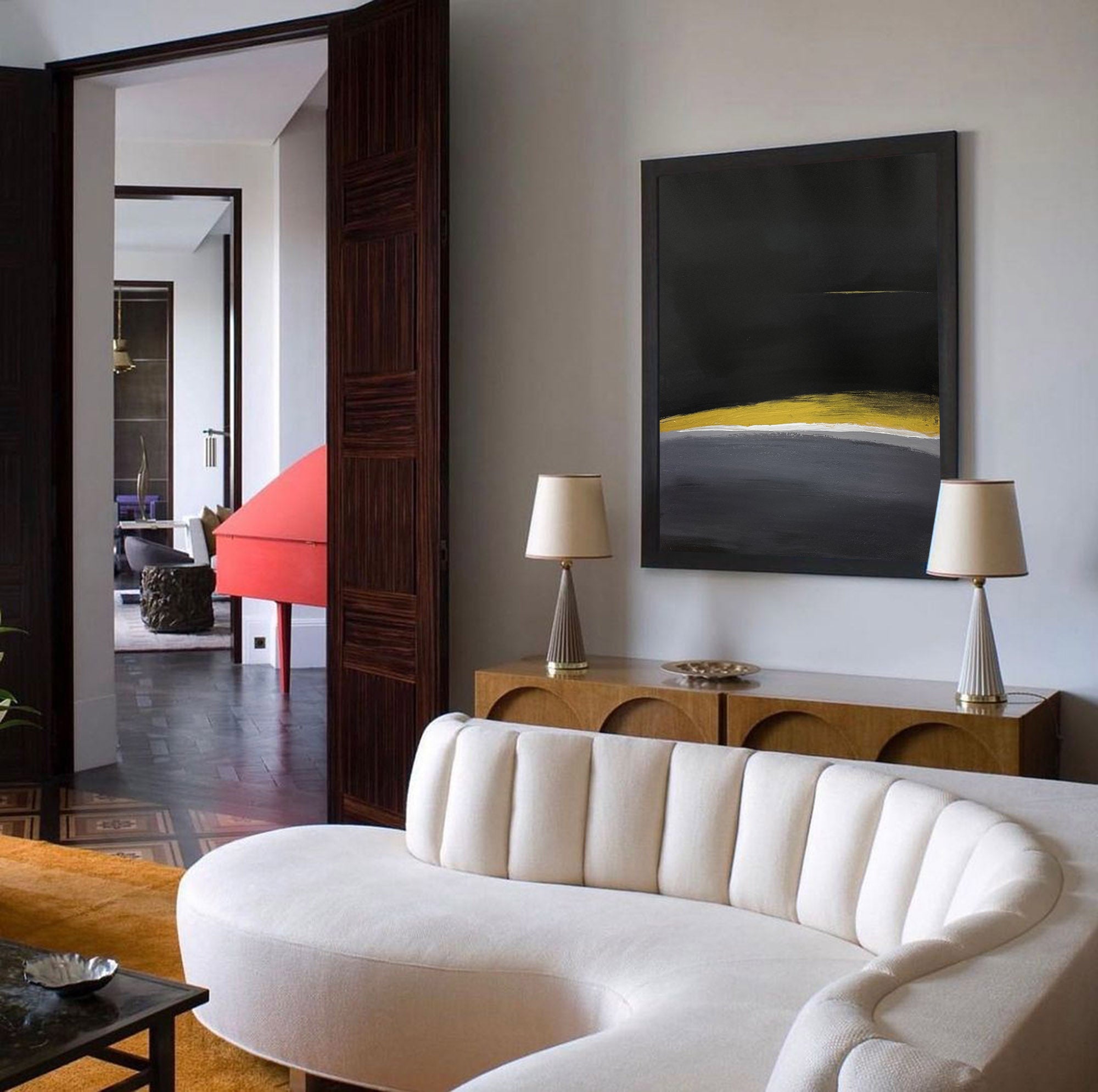 Modern Black Gold Yellow Abstract Linen Art