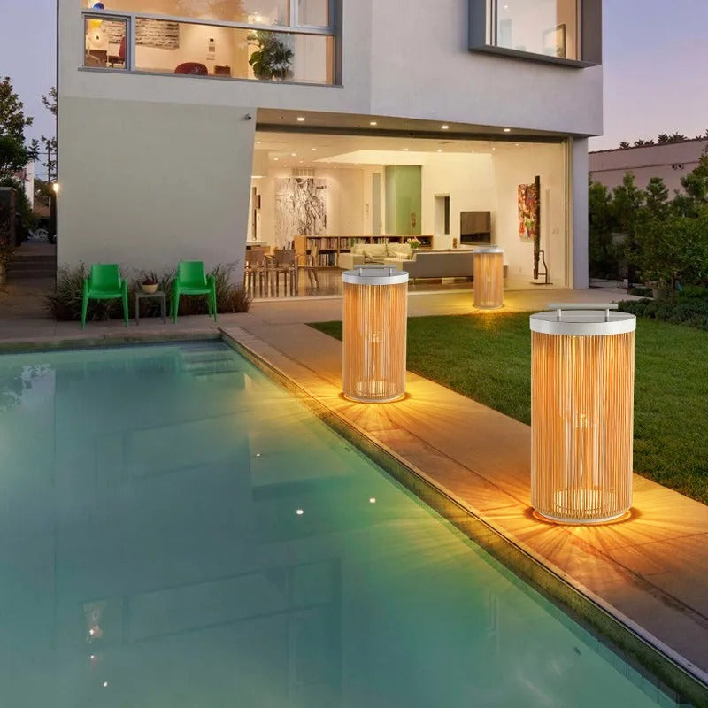 Ray Retro Metal/Rattan Floor Lamp, Hardwired/Solar/LED, Outdoor - Neutralighting