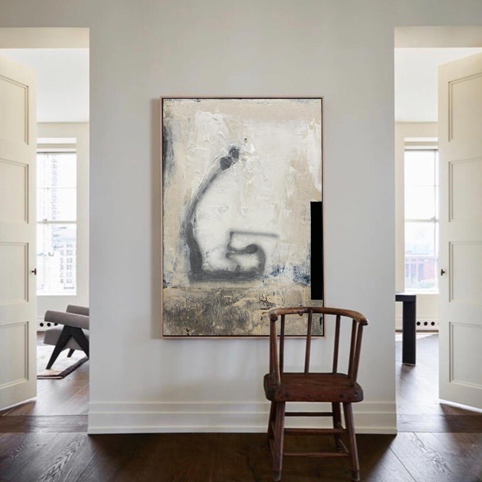 Abstract Beige Grey Black Brush Stroke Painting