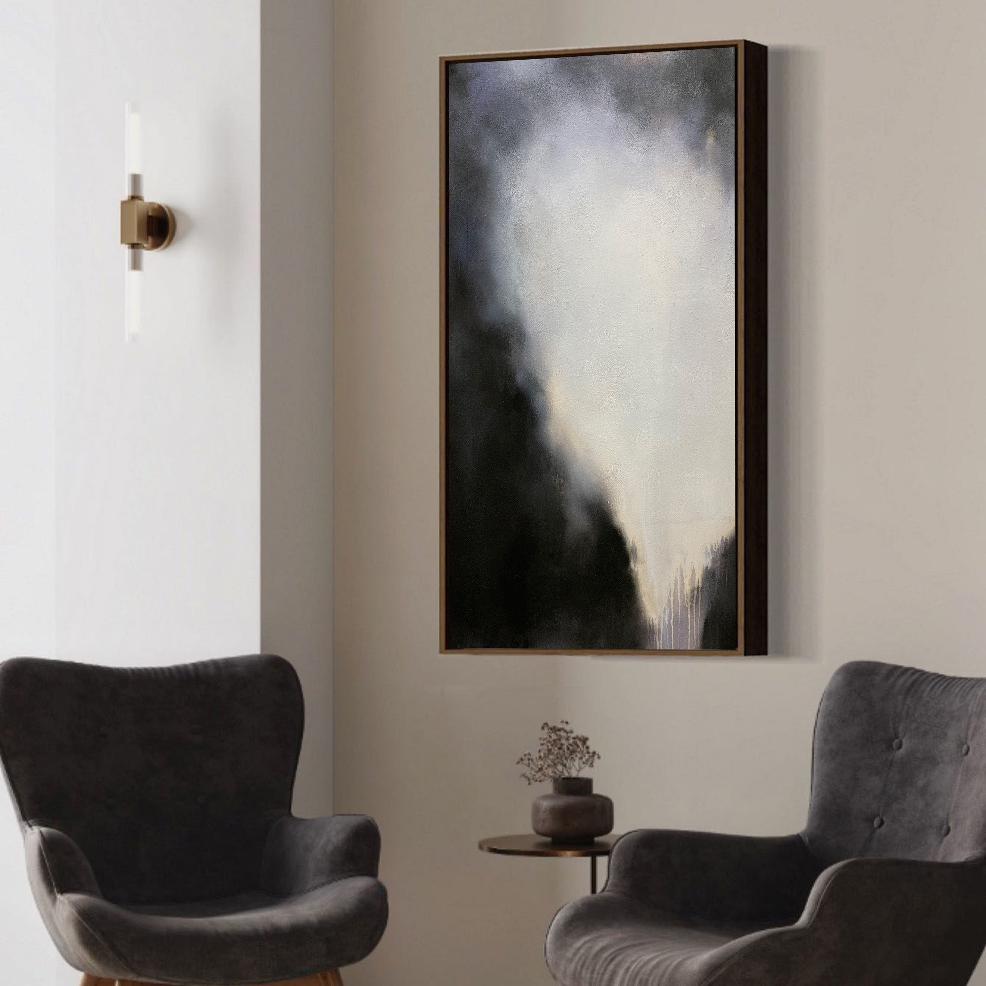 Black‑Off‑White Vertical Mist‑Blend Impasto‑Textured Artwork