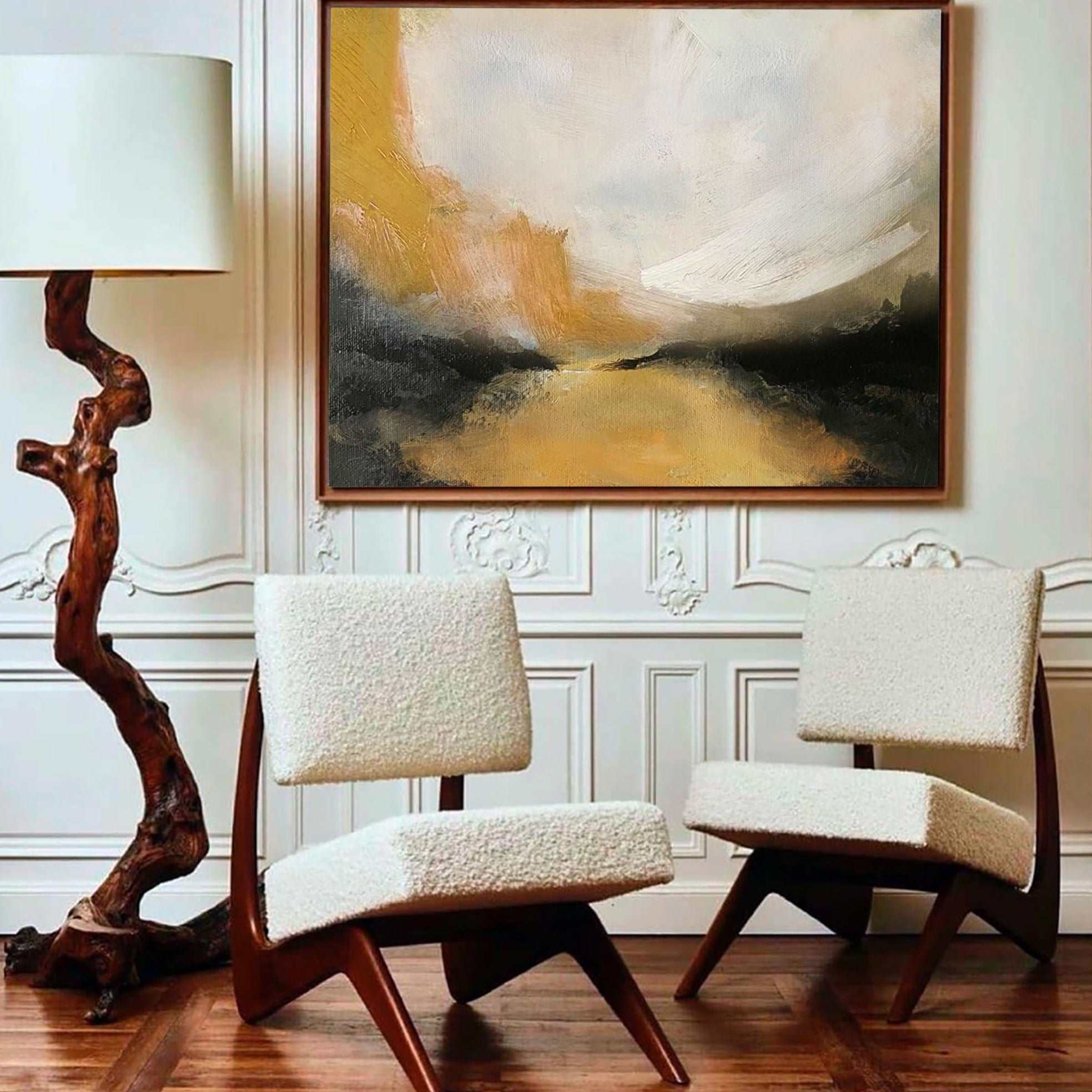 Contemporary Landscape Gold Black White Abstract Painting