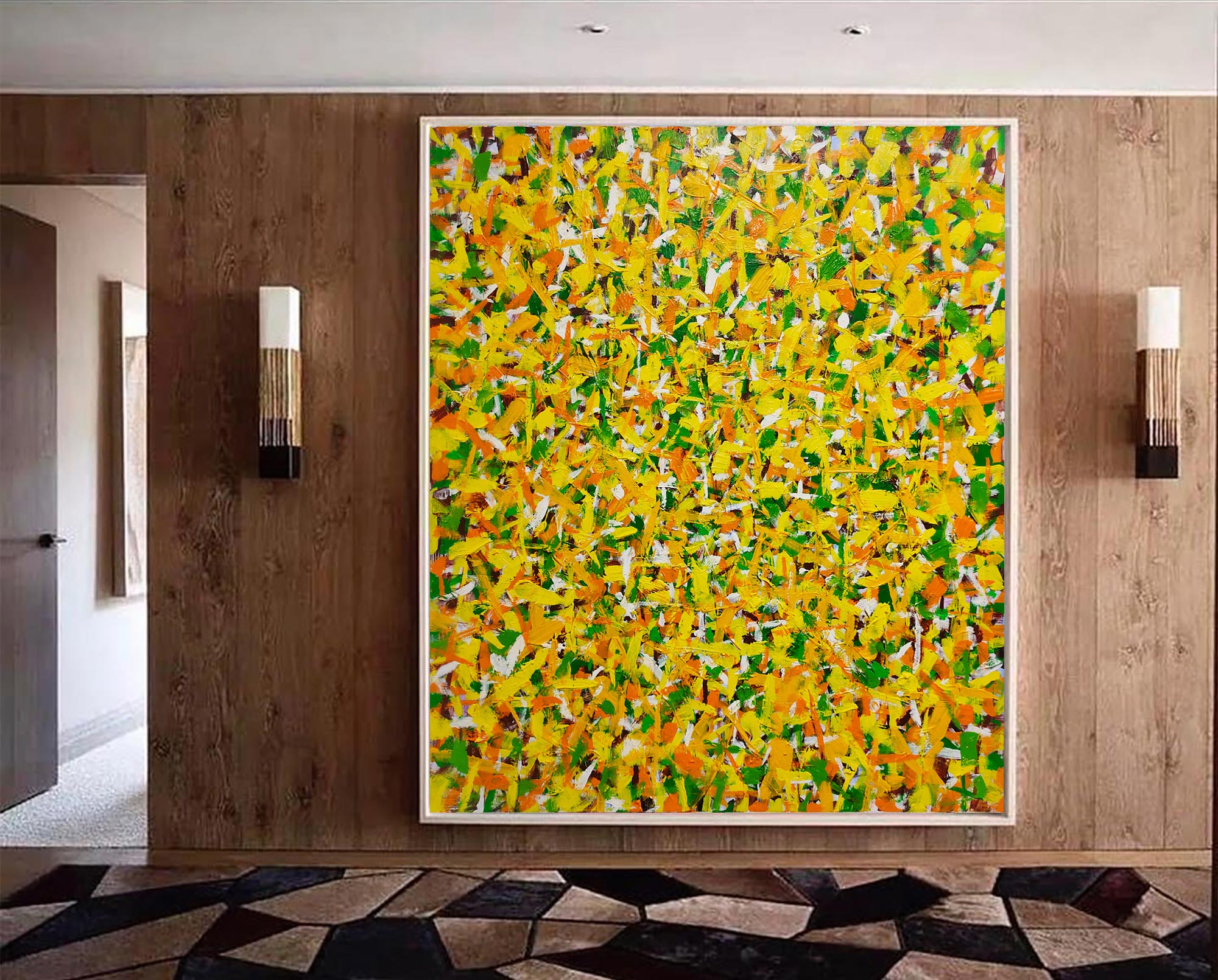 Vibrant Yellow Green Textured Square Acrylic Painting