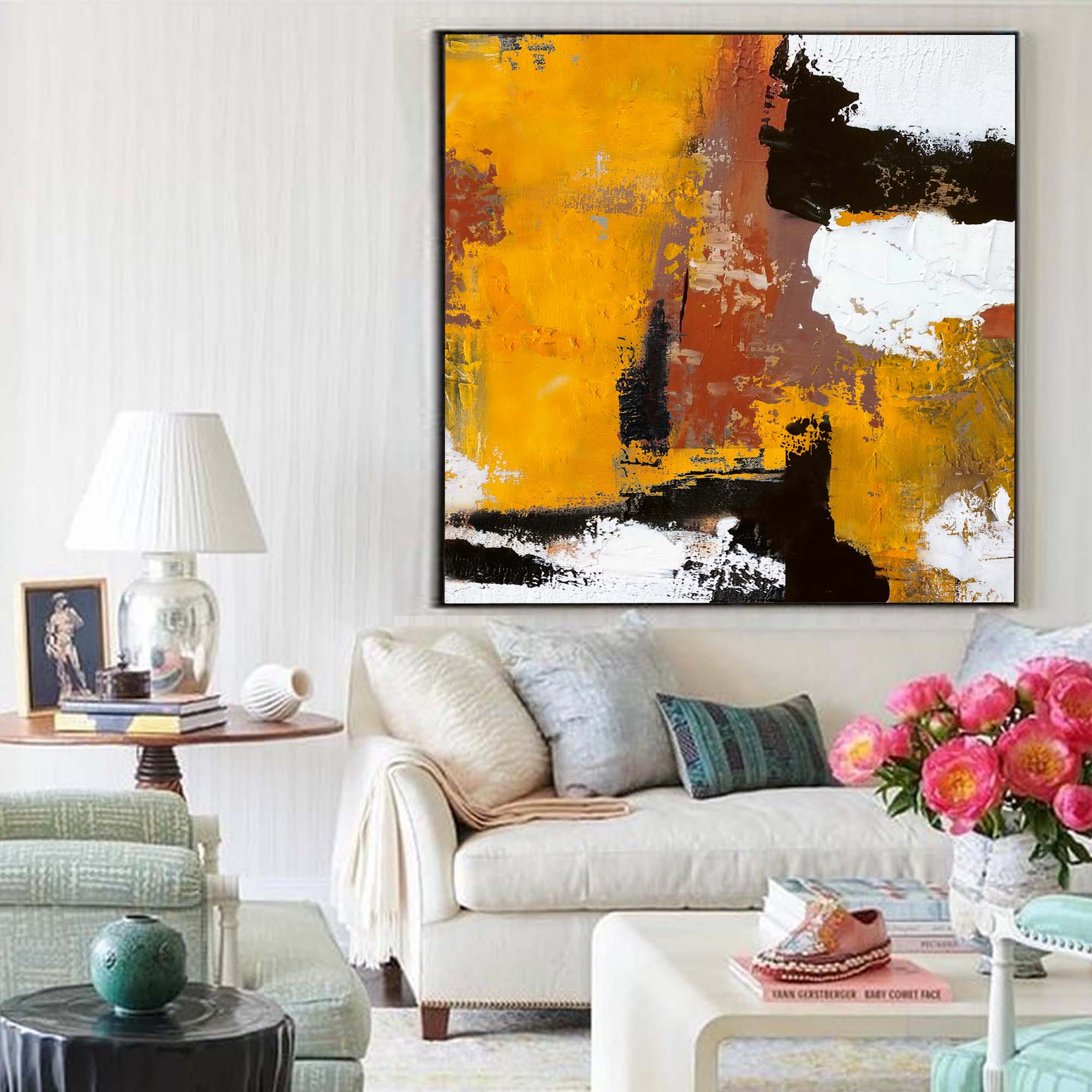 Ochre Black White Textured Abstract Wall Art