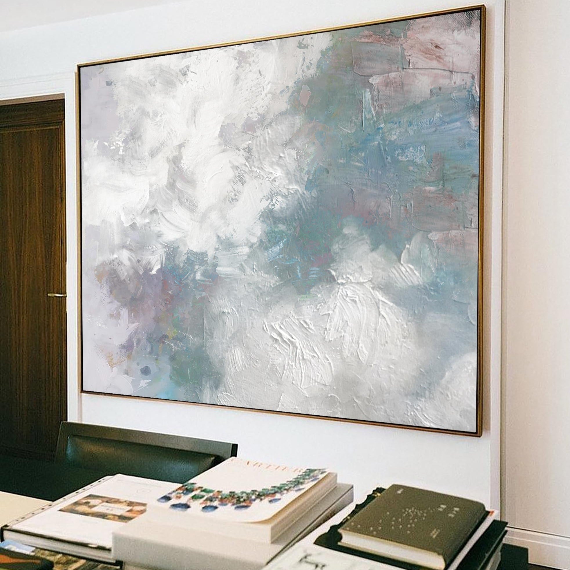 White‑Blue‑Mauve Horizontal Ocean‑Wave Impasto‑Textured Artwork