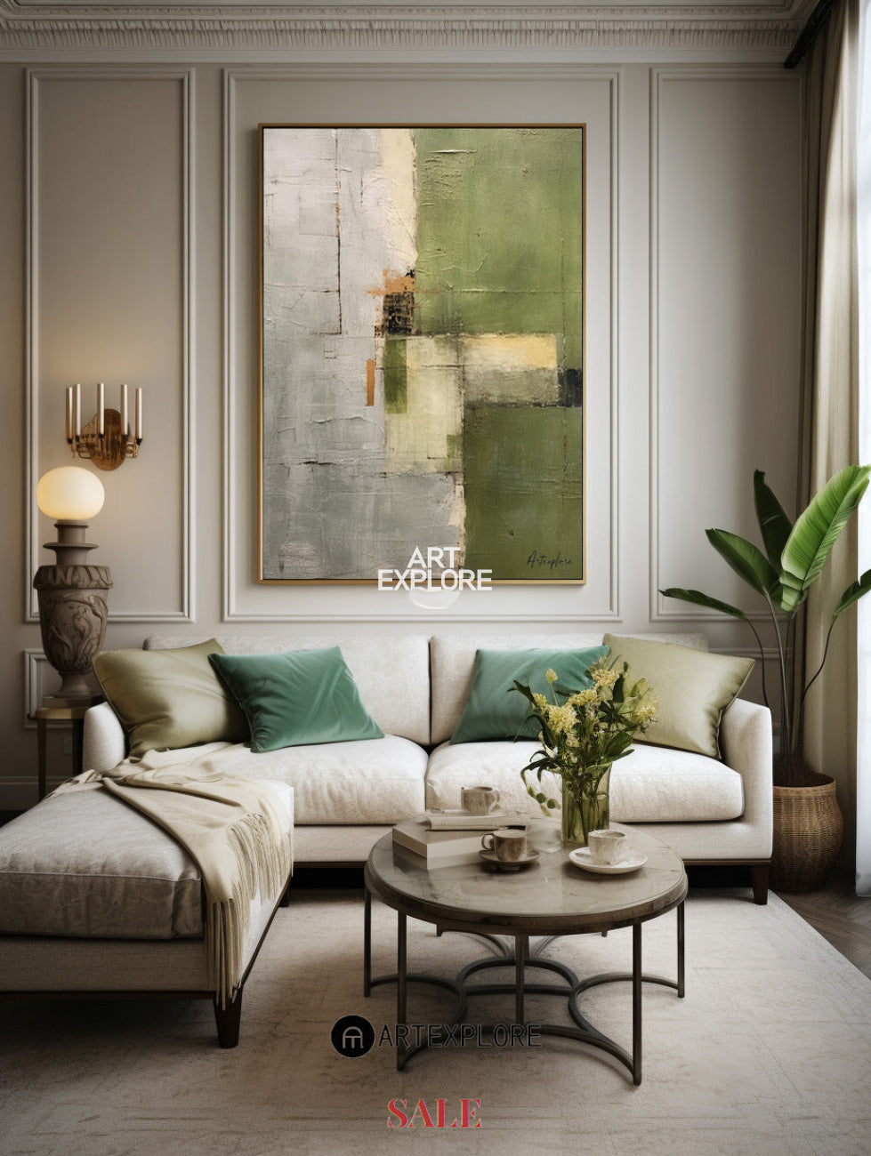 Olive Green Beige Abstract Geometric Textured Wall Art