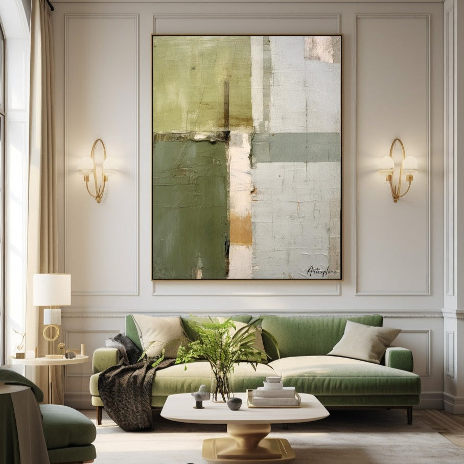 Wall Art Olive Green Blocks Minimalist Textured Canvas Living Room | Neutralighting