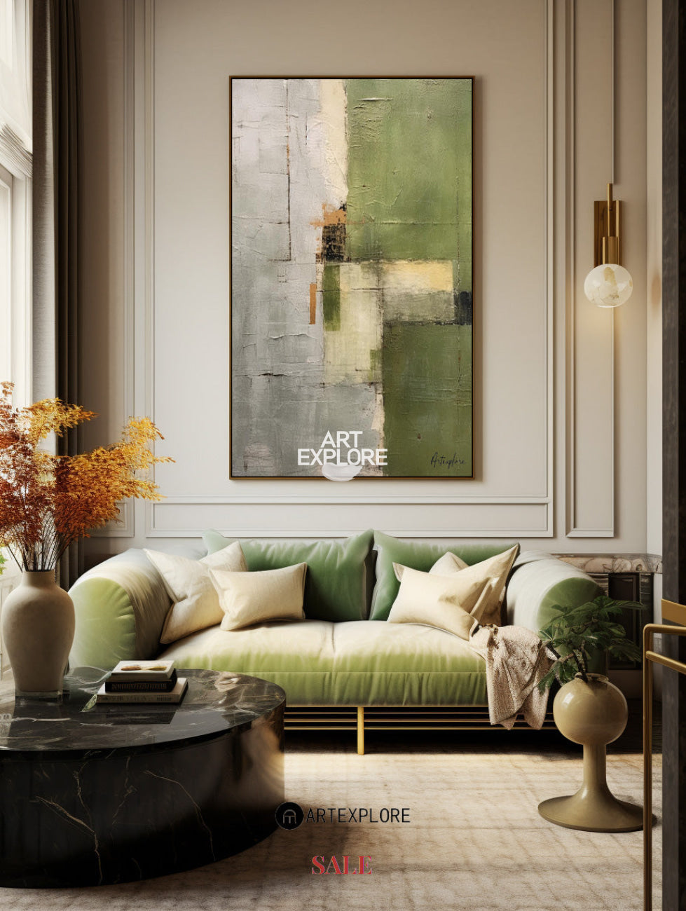 Olive Green Beige Abstract Geometric Textured Wall Art