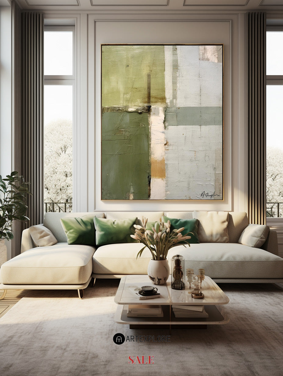 Wall Art Olive Green Blocks Minimalist Textured Canvas Living Room | Neutralighting