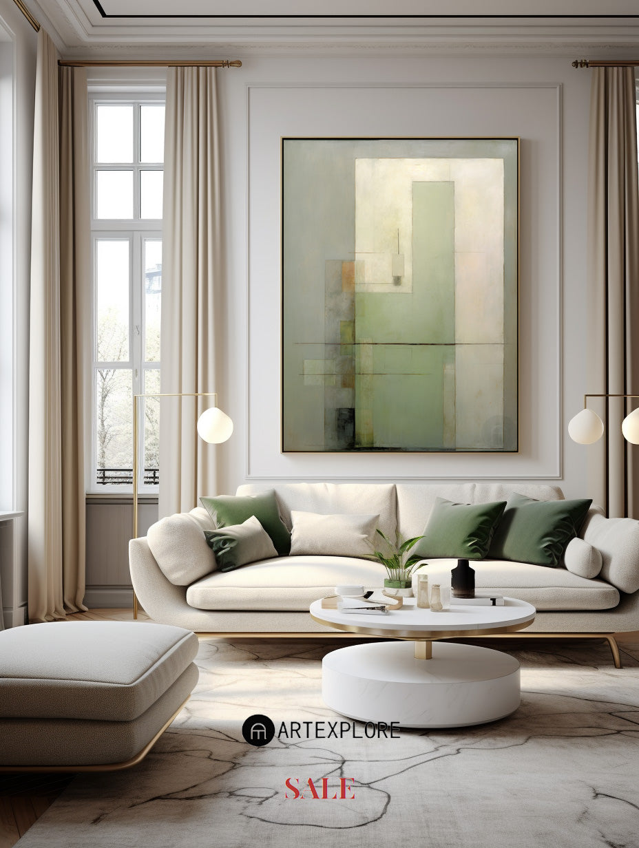Sage‑Green‑Beige Block‑Geometric Abstract  Subtle Layered‑Texture Artwork