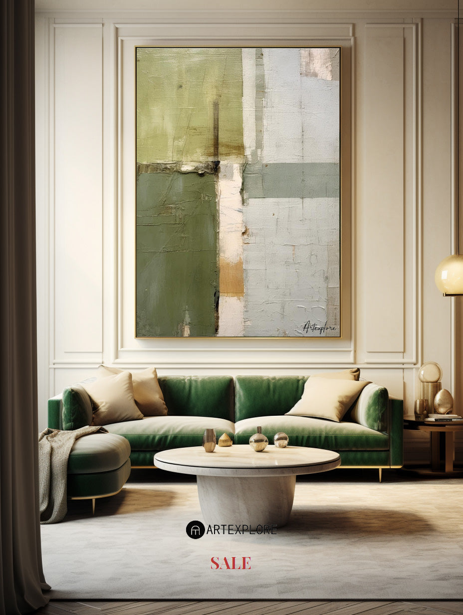 Wall Art Olive Green Blocks Minimalist Textured Canvas Living Room | Neutralighting