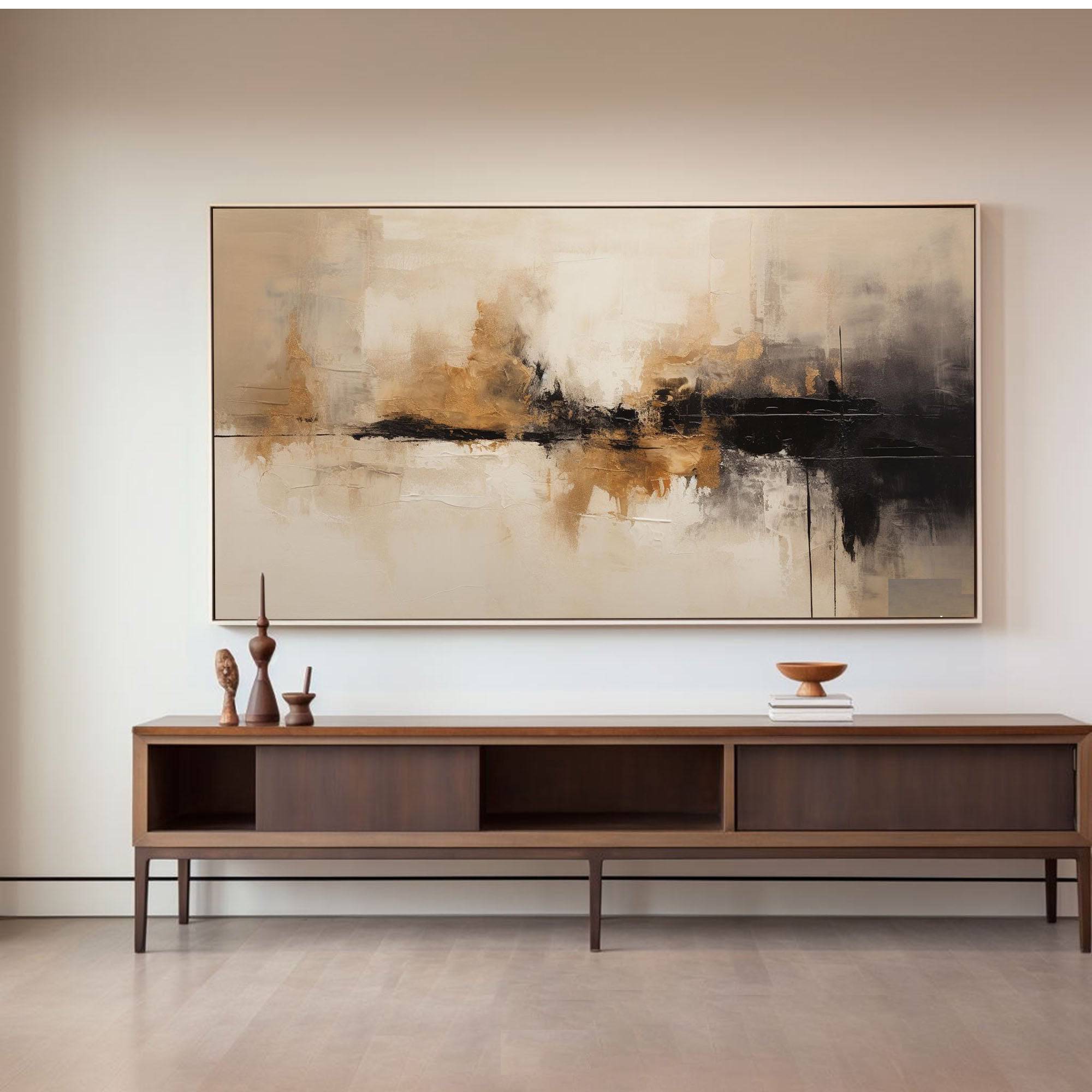 Beige‑Black‑Gold Horizontal Abstract  Blended Brush‑Stroke Textured Artwork