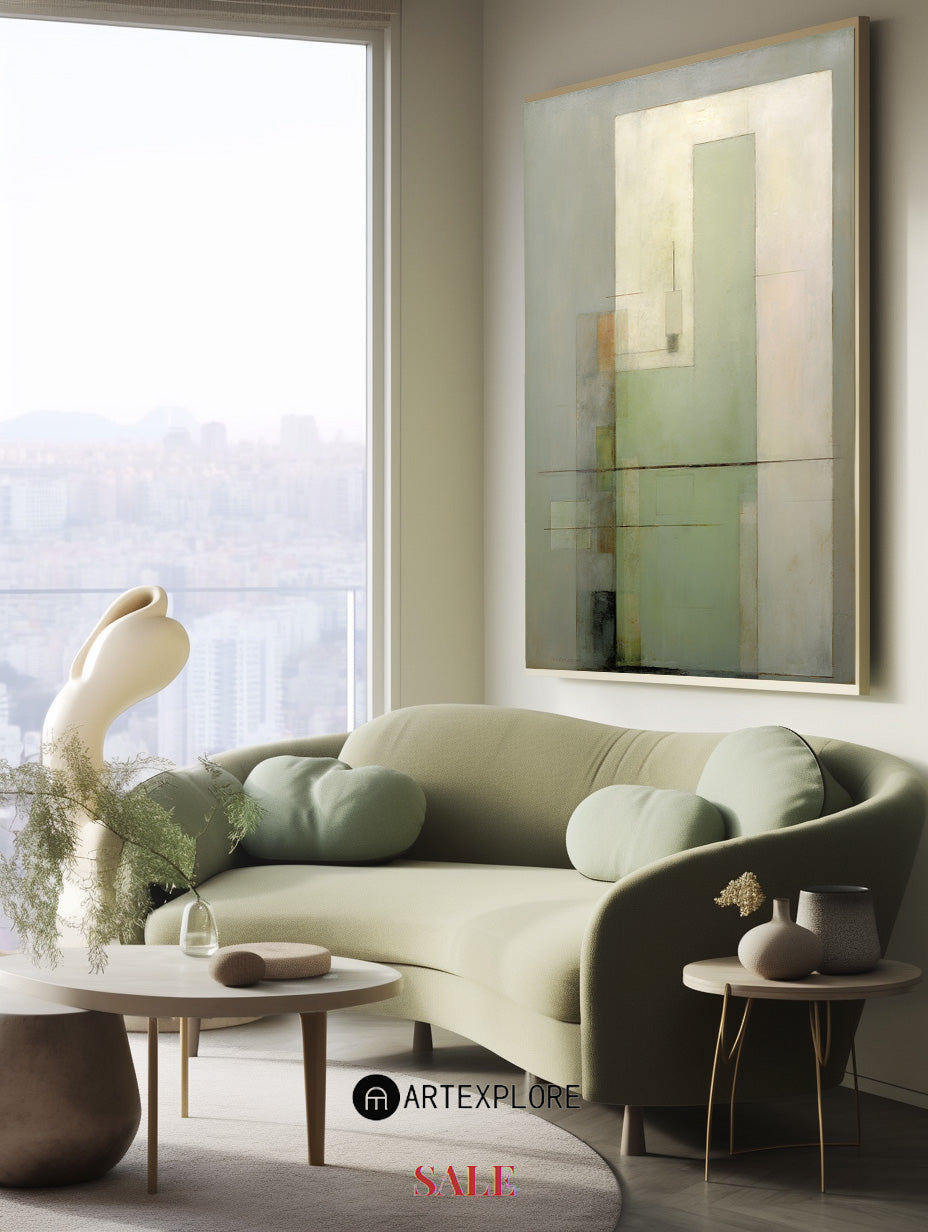 Sage‑Green‑Beige Block‑Geometric Abstract  Subtle Layered‑Texture Artwork