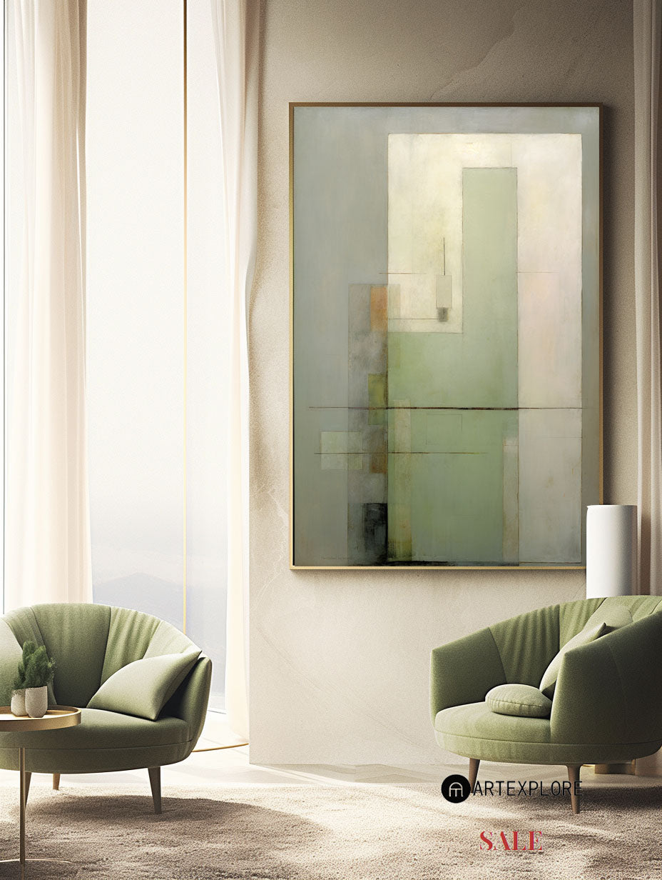 Sage‑Green‑Beige Block‑Geometric Abstract  Subtle Layered‑Texture Artwork