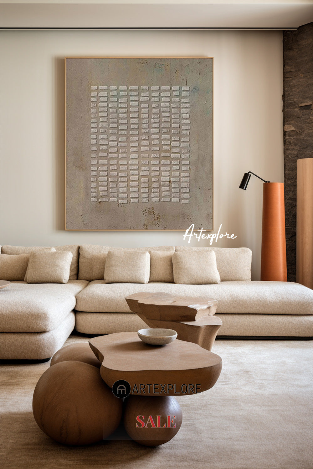 Modern Beige Grid Geometric Abstract Textured Wall Art