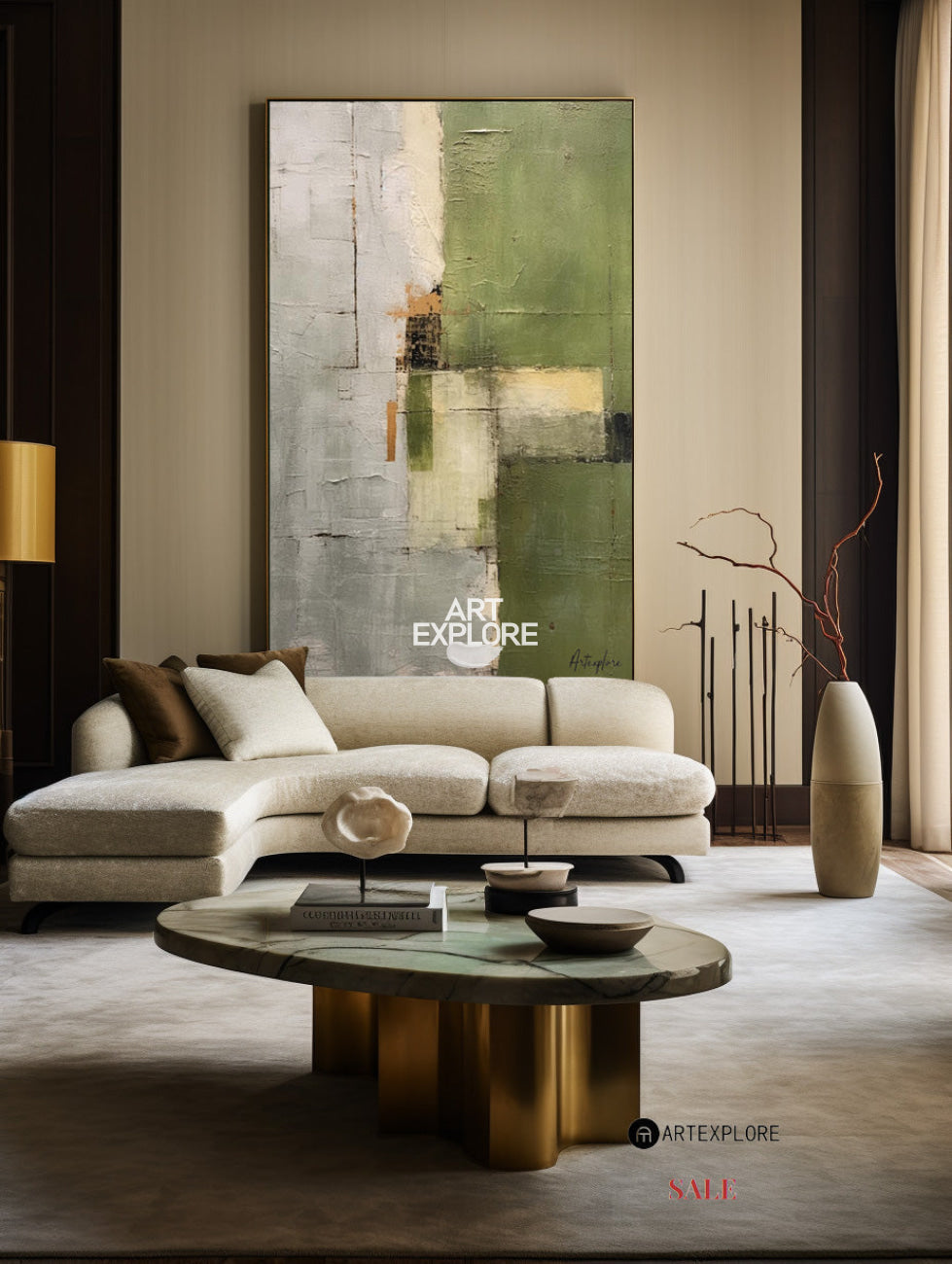 Olive Green Beige Abstract Geometric Textured Wall Art