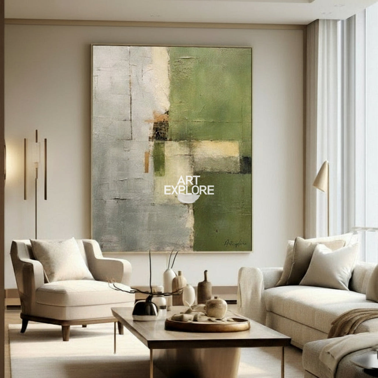 Olive Green Beige Abstract Geometric Textured Wall Art