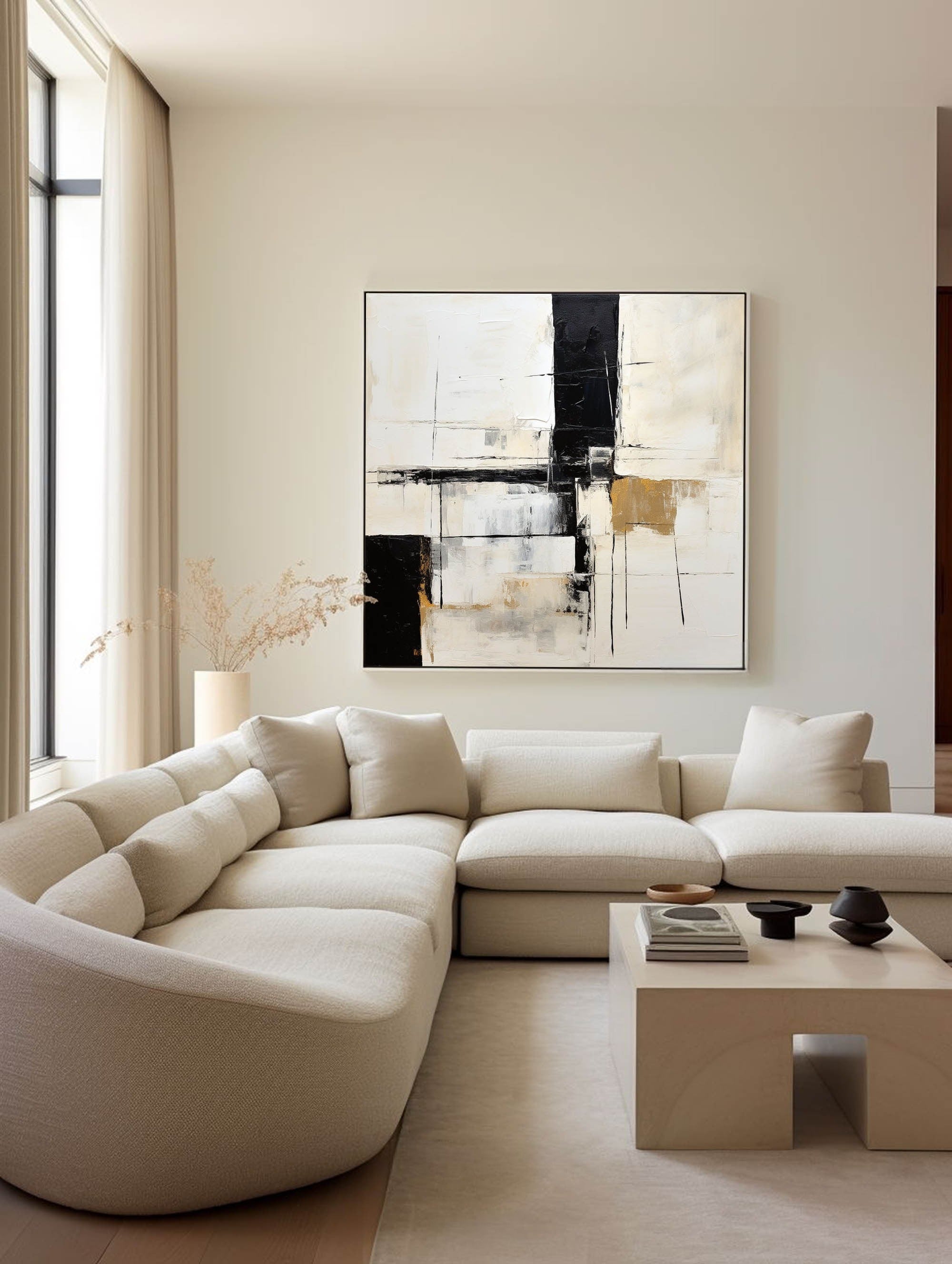 Ivory Black Gold Geometric Abstract Framed Wall Art