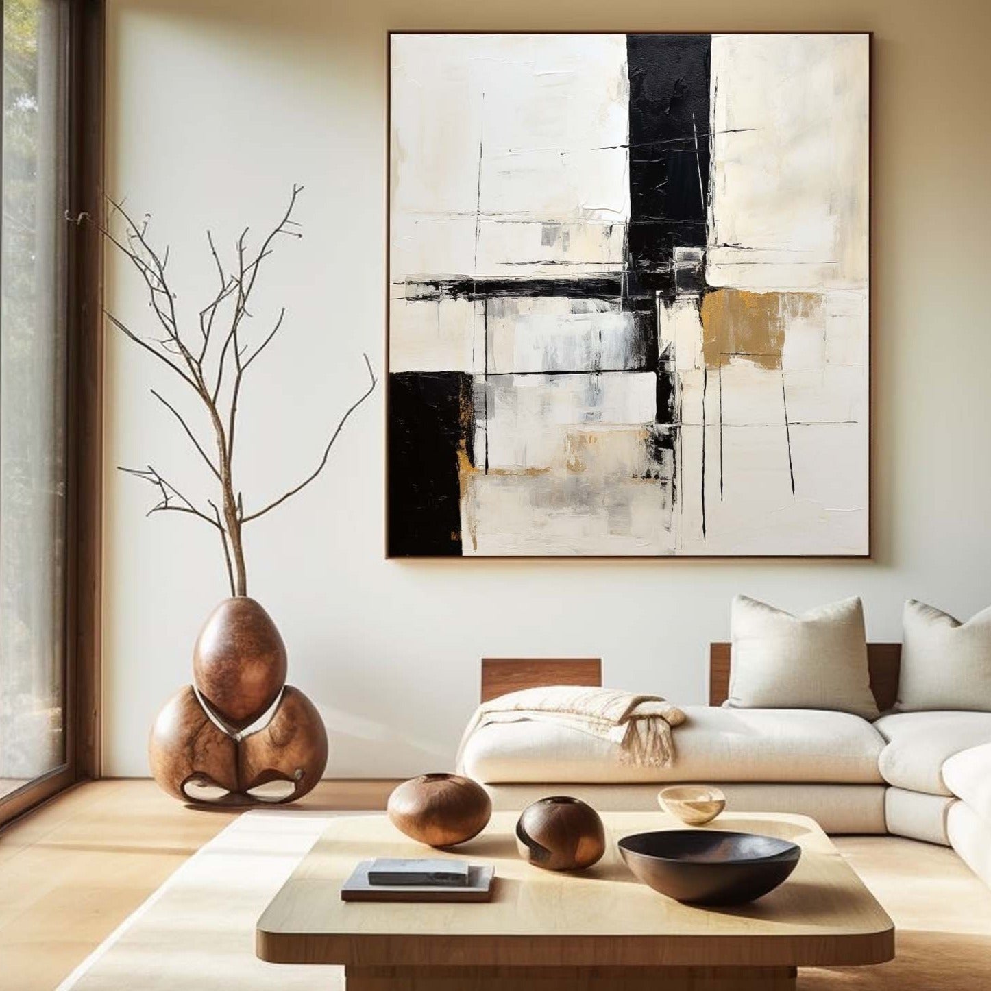 Ivory Black Gold Geometric Abstract Framed Wall Art