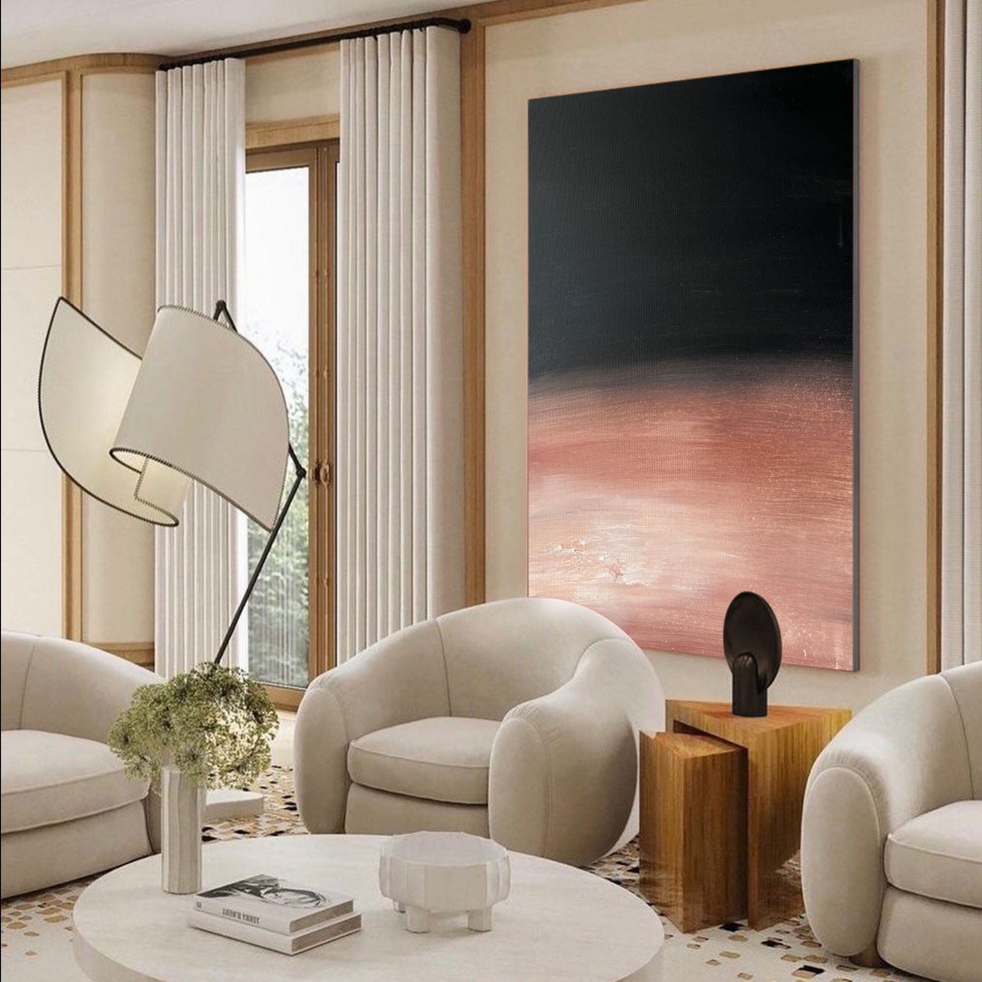 Modern Black Rose Gold Abstract Linen Art