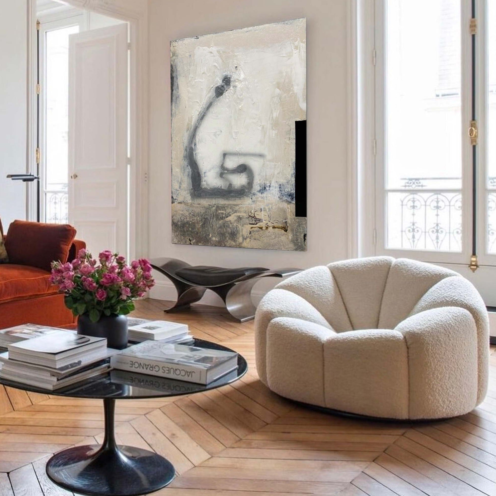 Abstract Beige Grey Black Brush Stroke Painting