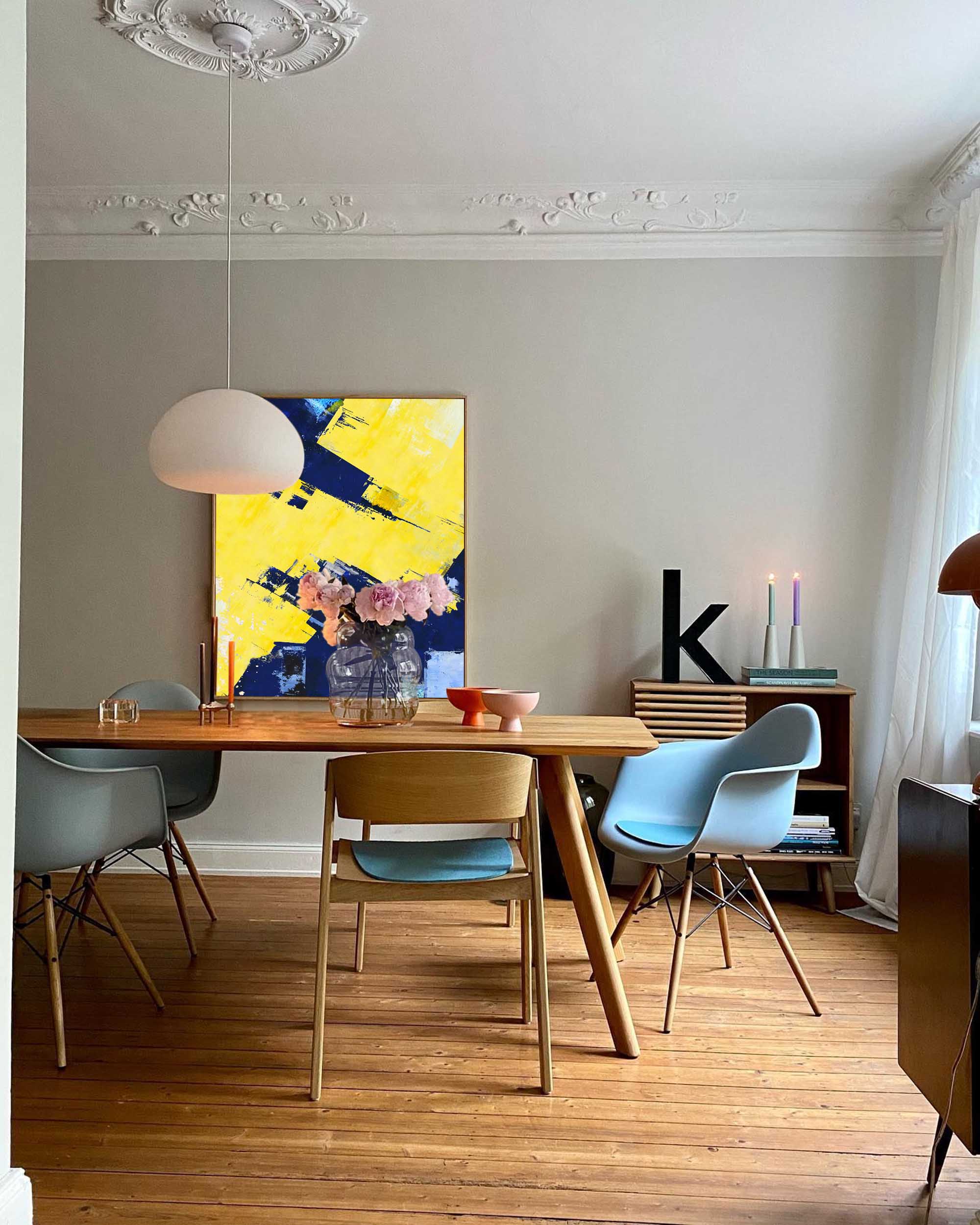 Yellow Navy Blue Abstract Wall Art
