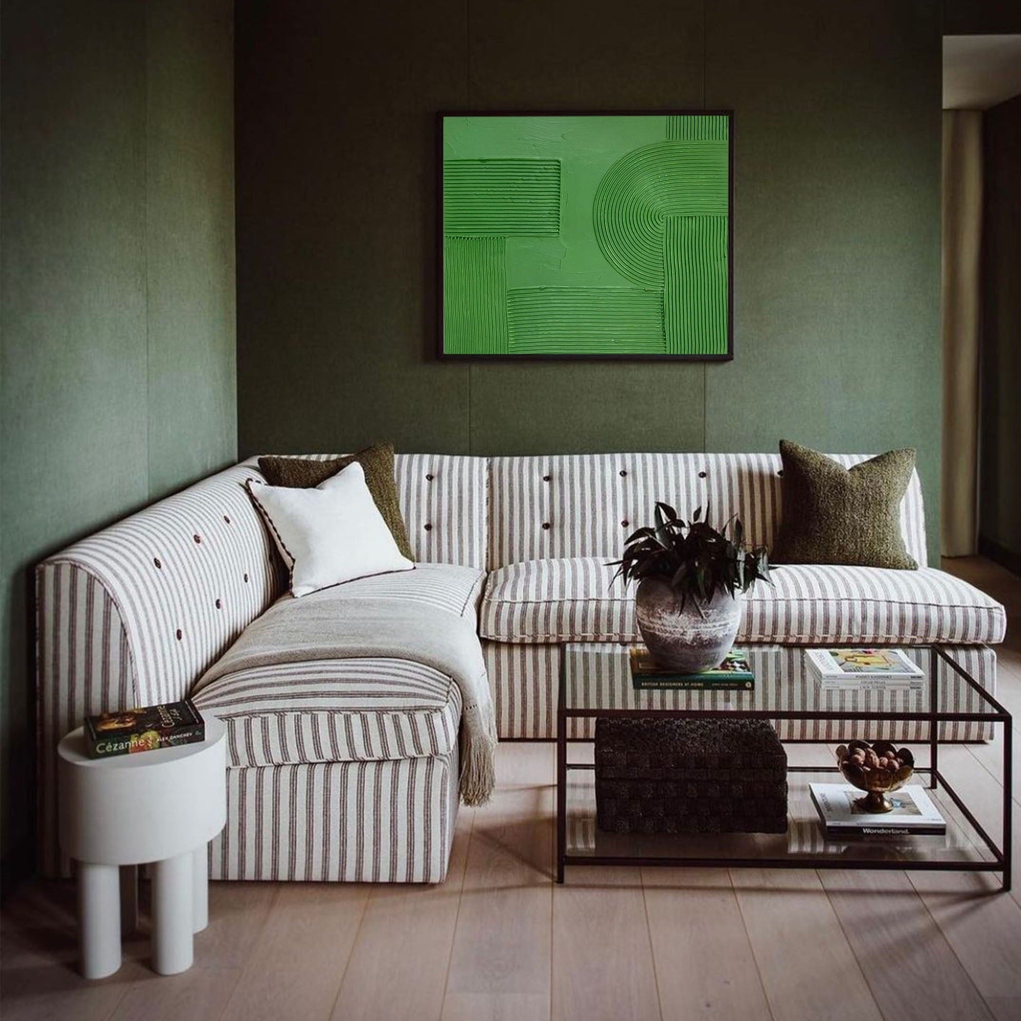 Solid‑Green Geometric Abstract  Ridged Heavy Textured Artwork