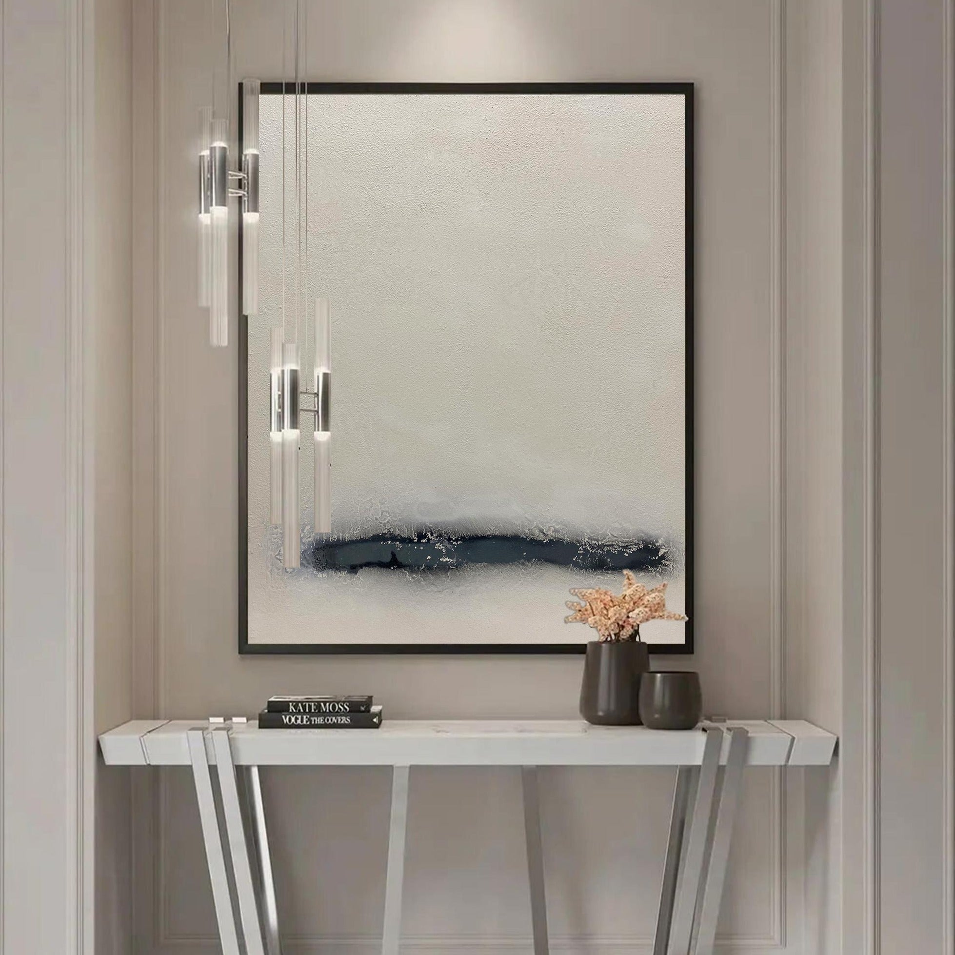 Beige‑Charcoal Vertical Streak‑Band Impasto‑Textured Artwork