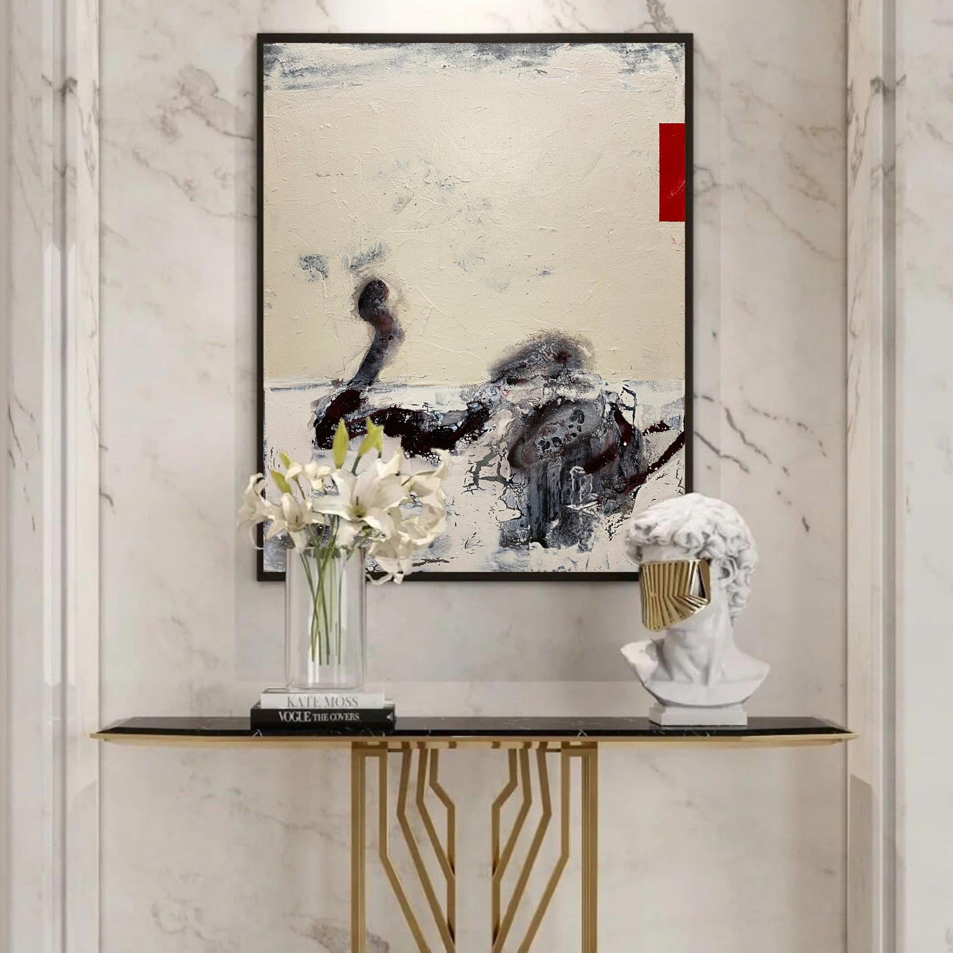 Abstract Beige Black Red Splash Stroke Painting