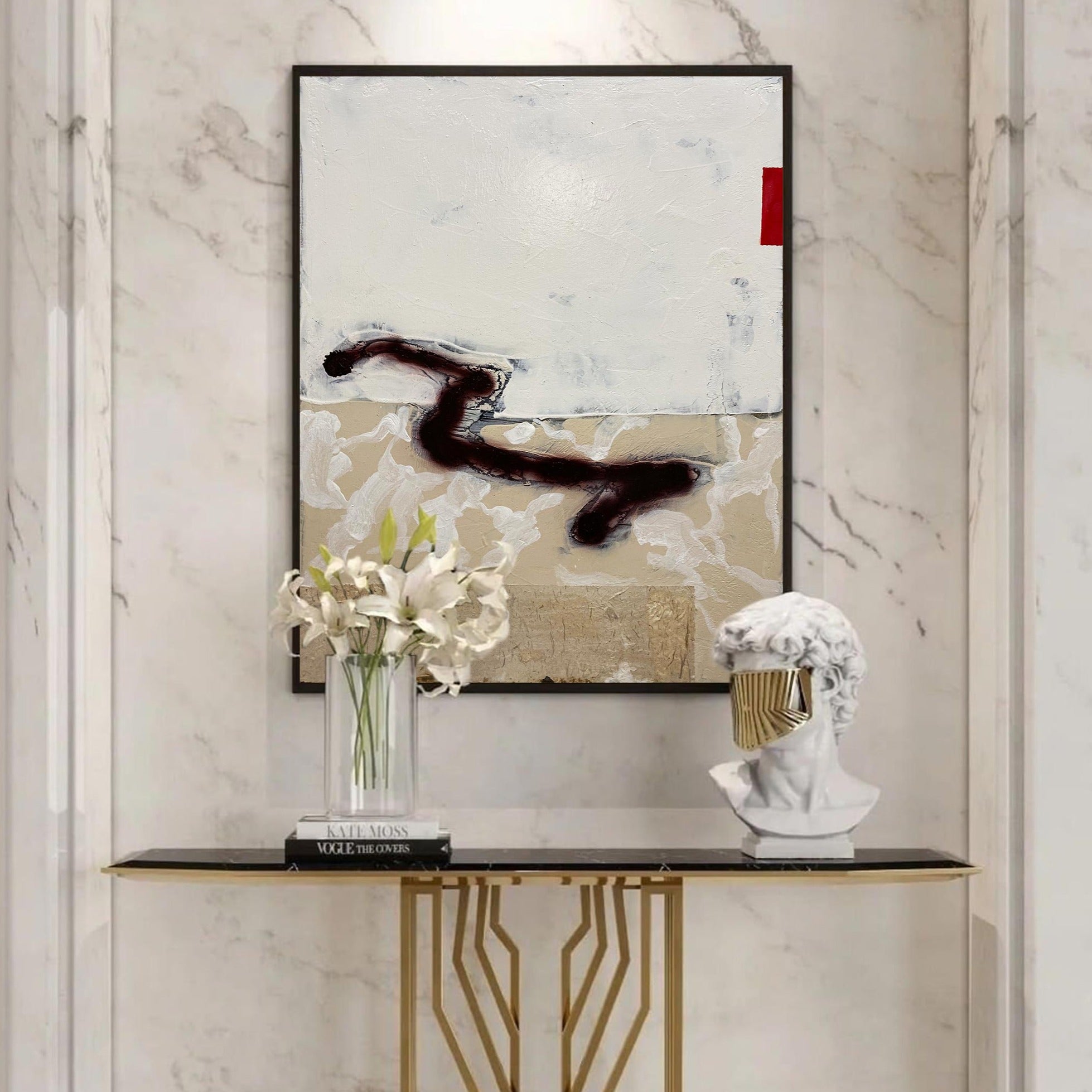 Abstract Beige Black Red Brush Stroke Oil Painting