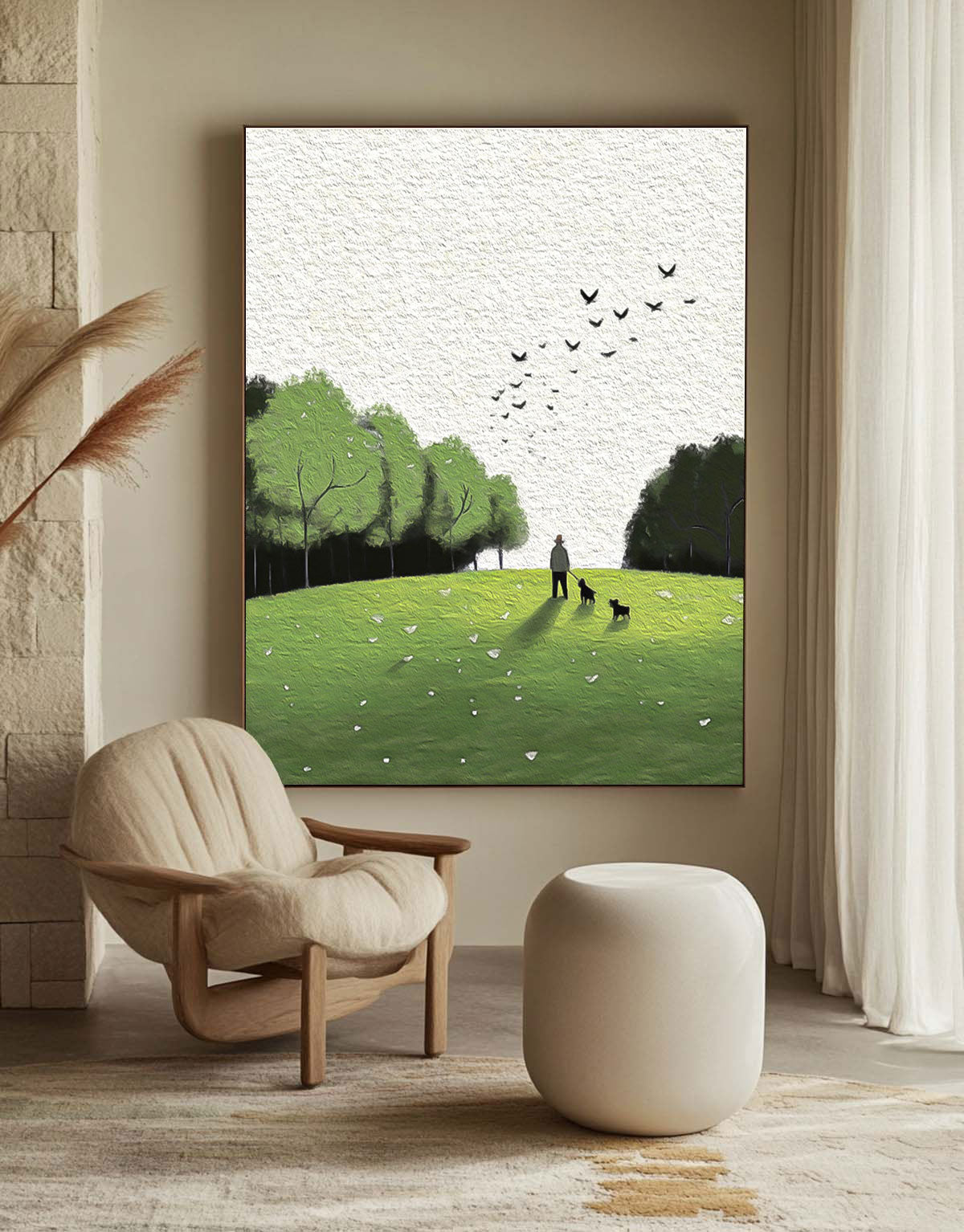 Serene Walk In The Park Textured Art Man Dogs