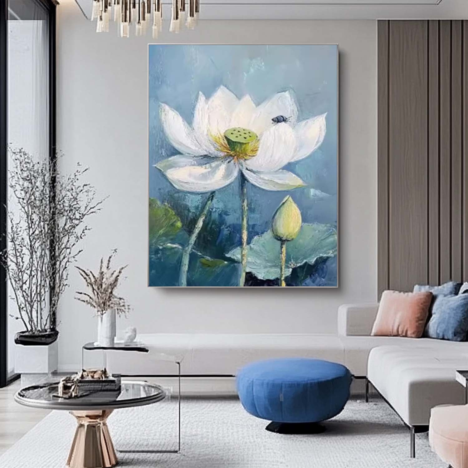 Serene White Lotus Oil Painting With Bee Accent