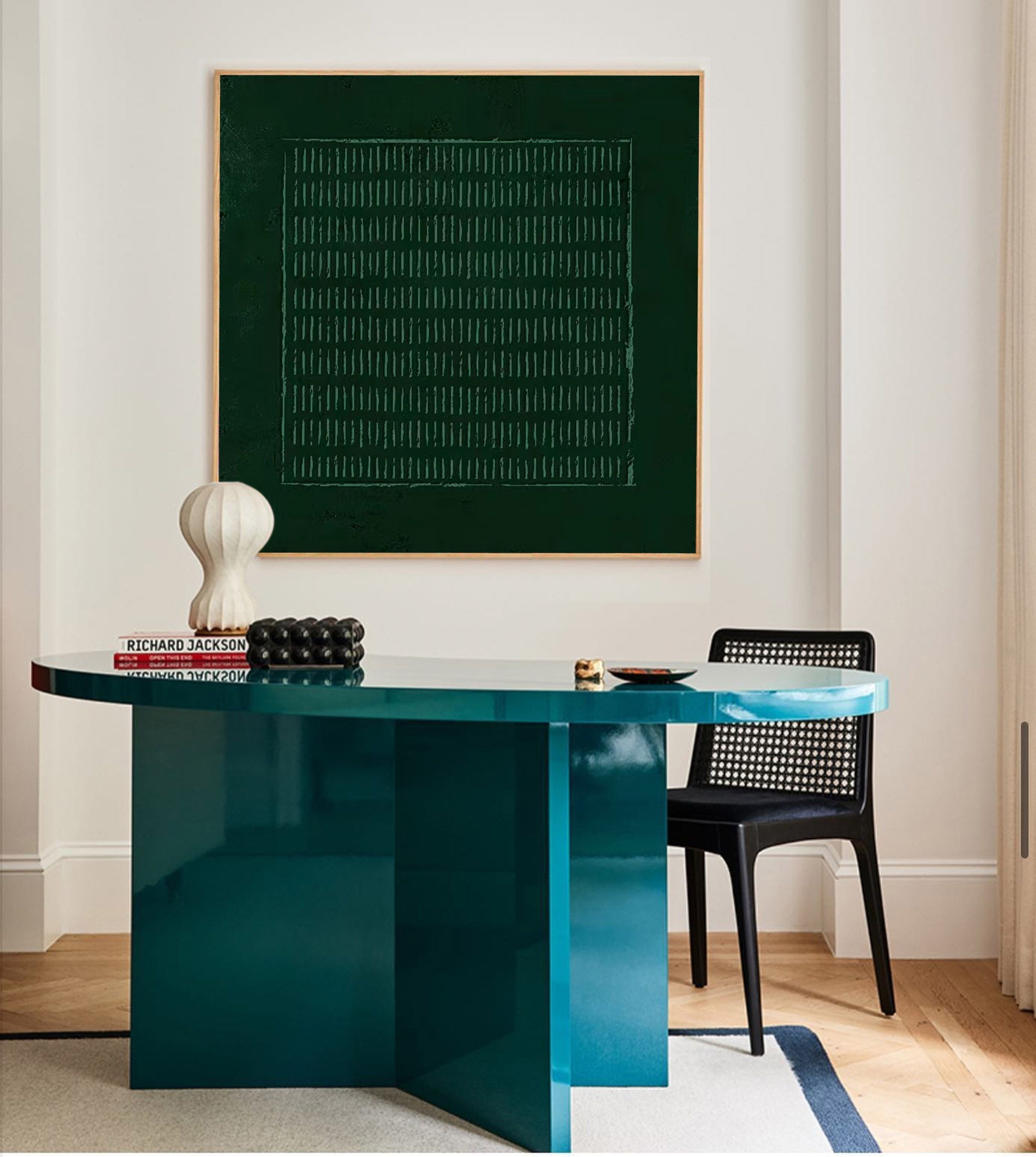 Wall Art Dark Green Horizontal Linear Grid Texture Oil Painting