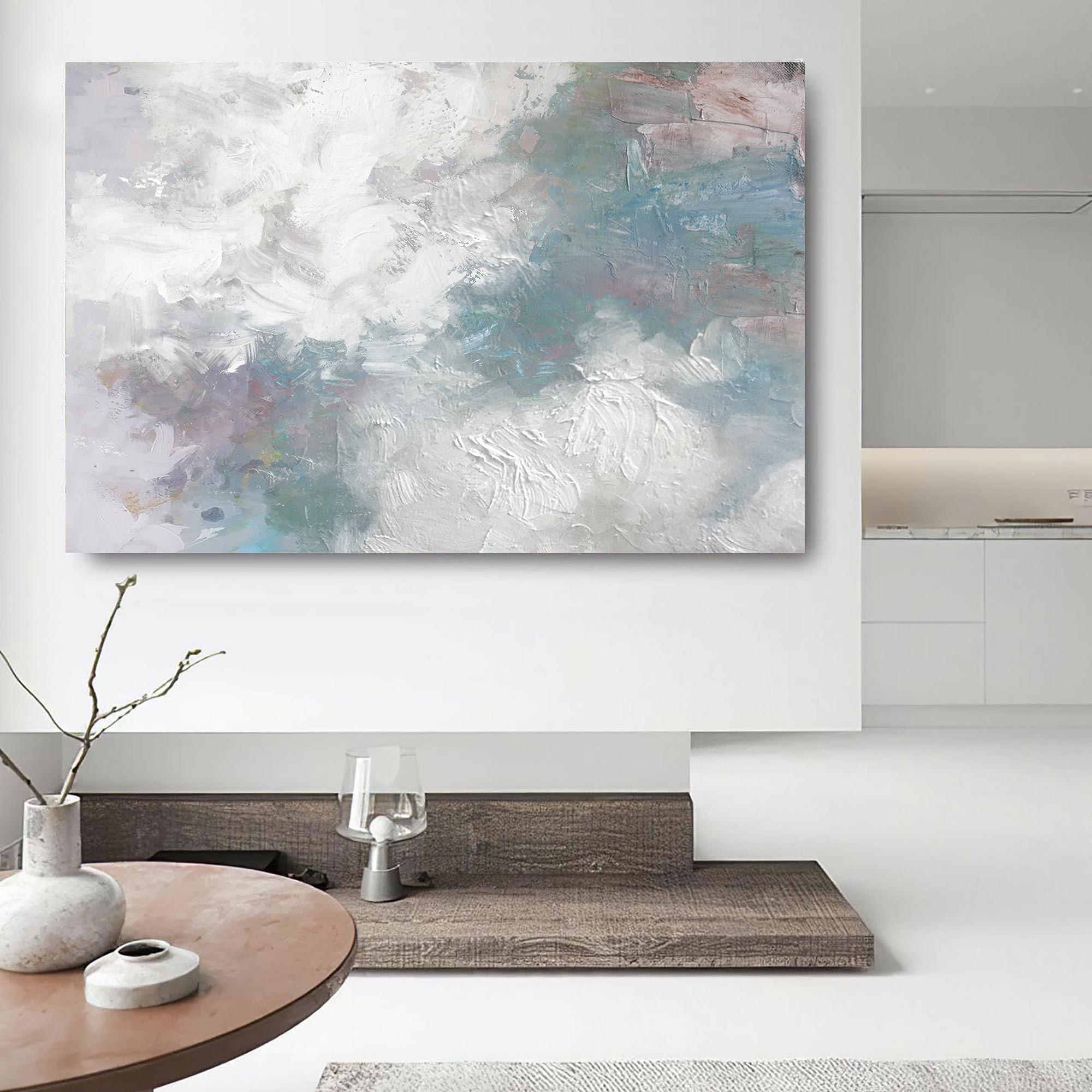 White‑Blue‑Mauve Horizontal Ocean‑Wave Impasto‑Textured Artwork