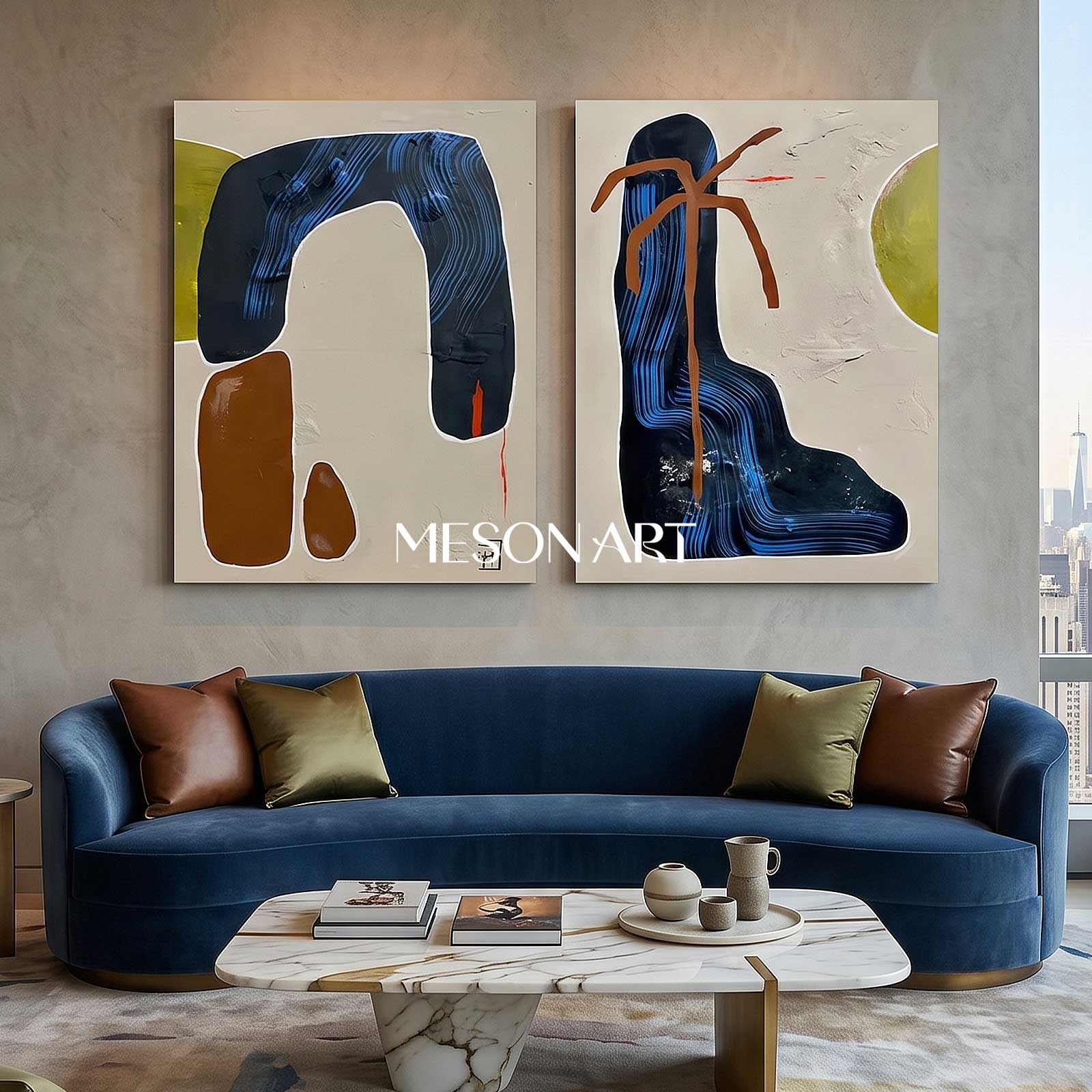 Set Of 2 Diptych Wall Art Set Blue Brown Organic