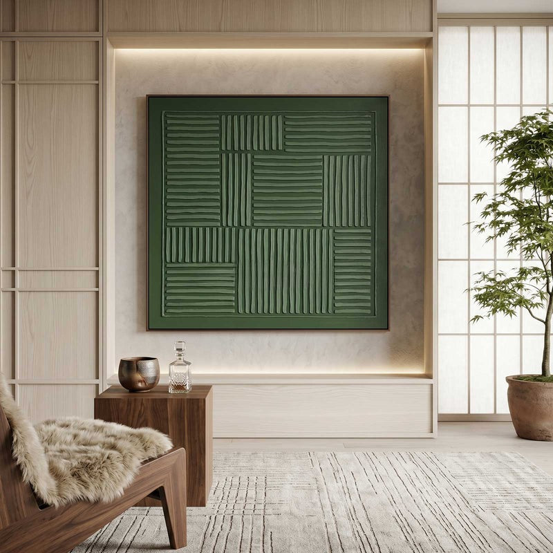 Wall Art Dark Green Linear Grid Texture Painting