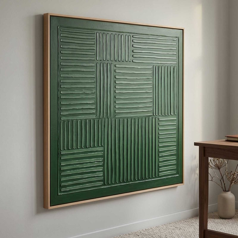 Wall Art Dark Green Linear Grid Texture Painting