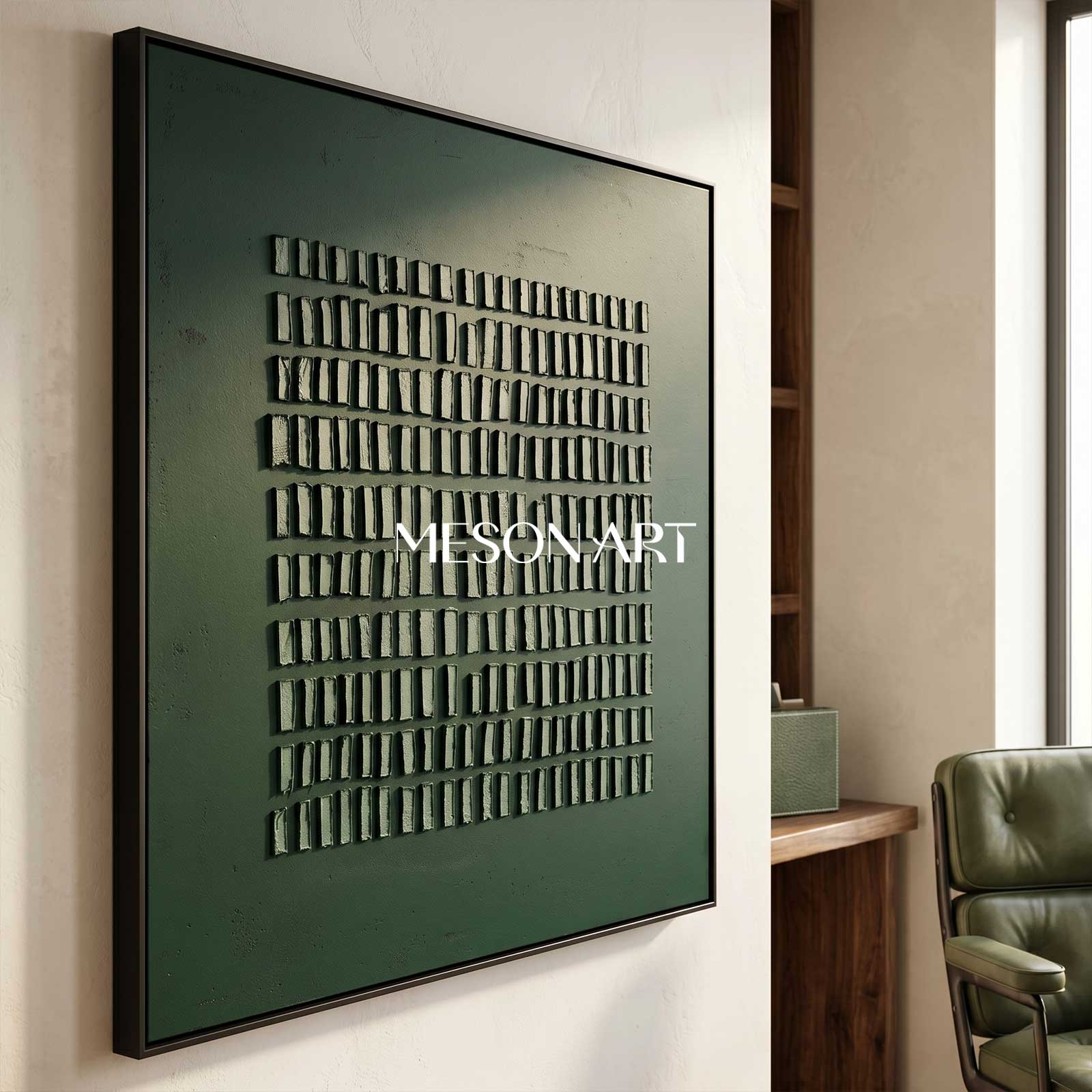Wabi-Sabi Wall Art Dark Green Textured Grid Abstract Painting