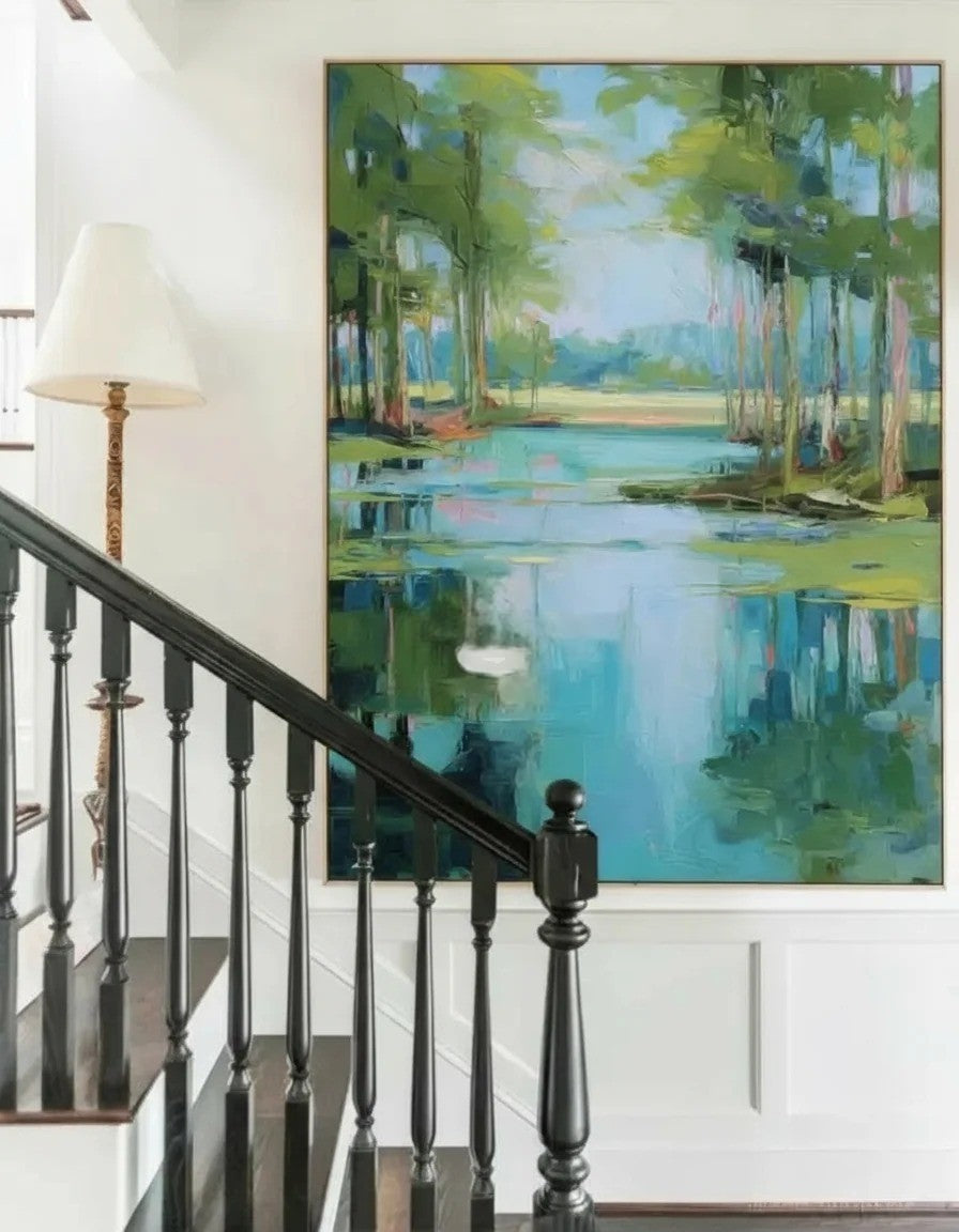 Impressionist Lakeside Forest Painting Vibrant Landscape