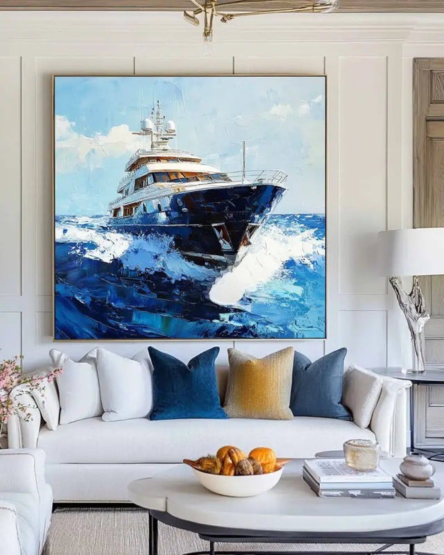 Blue Yacht Ocean Seascape Painting
