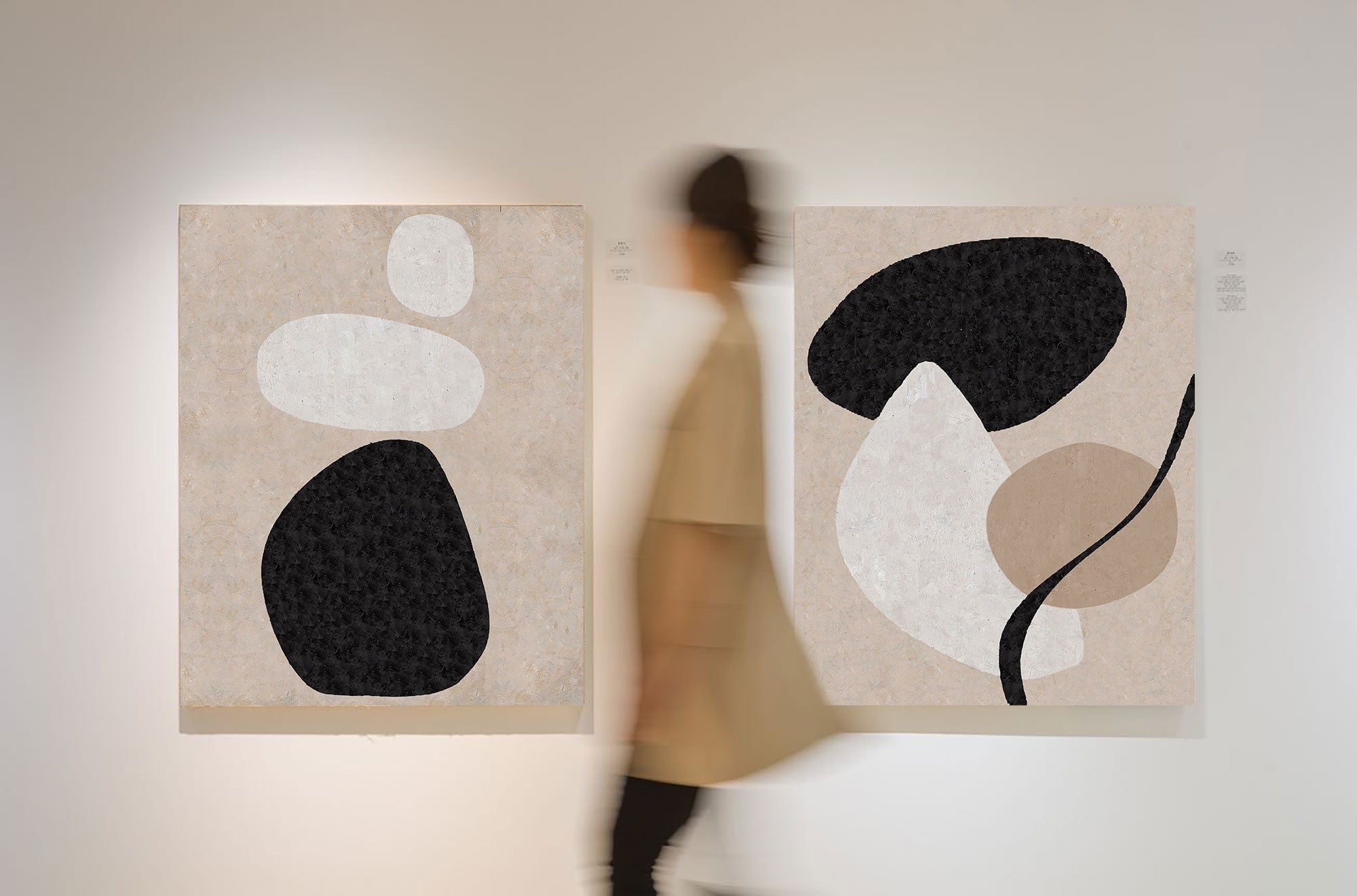 Beige Black Organic Shape Abstract Diptych