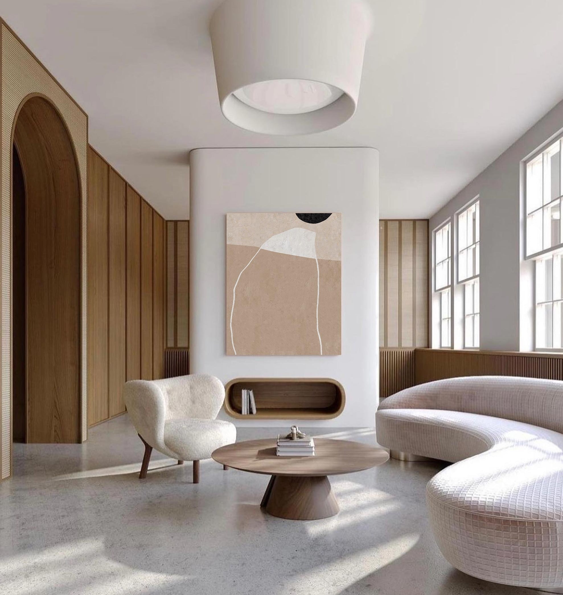 Taupe‑Beige Vertical Abstract‑Shape Line‑Textured Artwork
