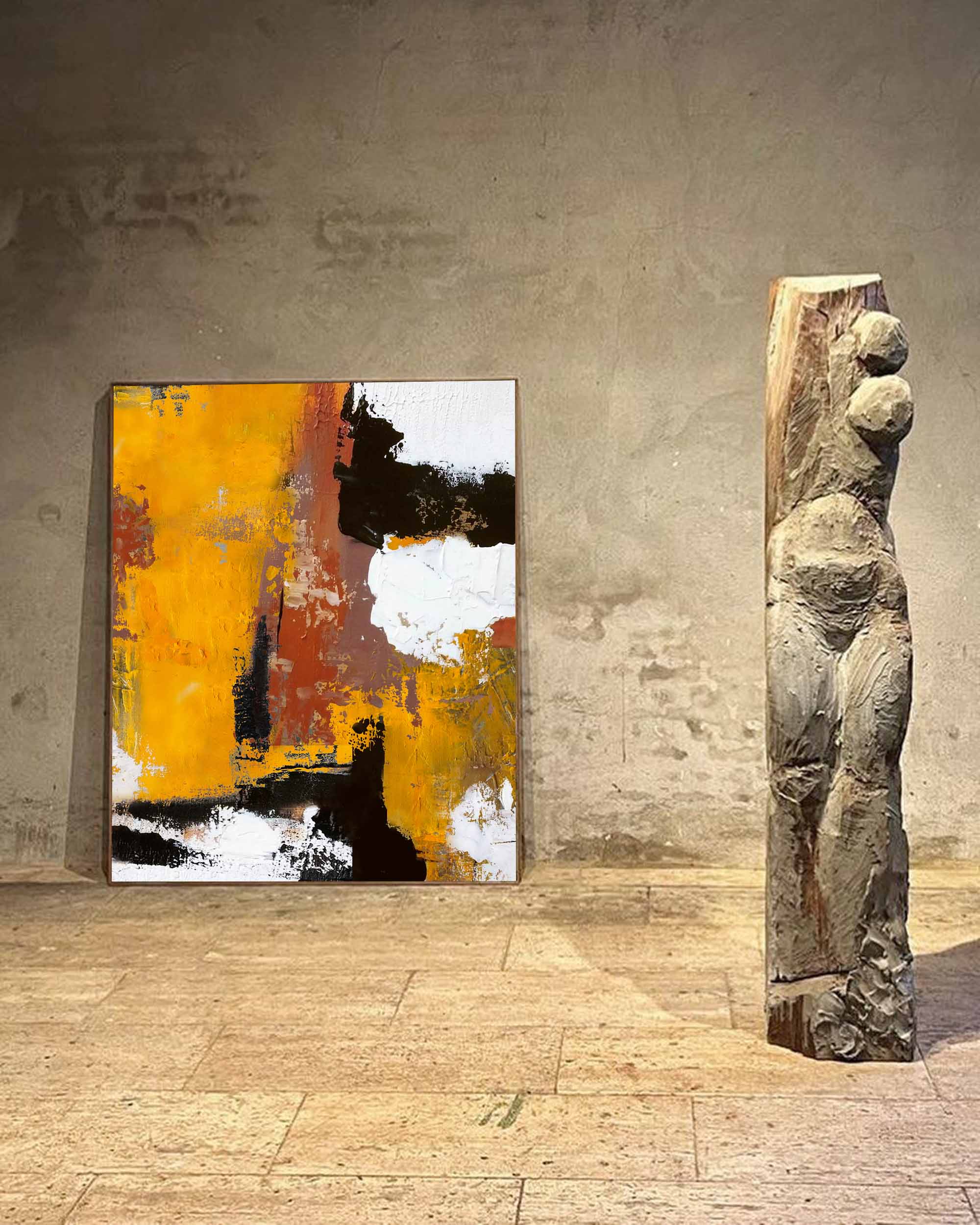 Ochre Black White Textured Abstract Wall Art