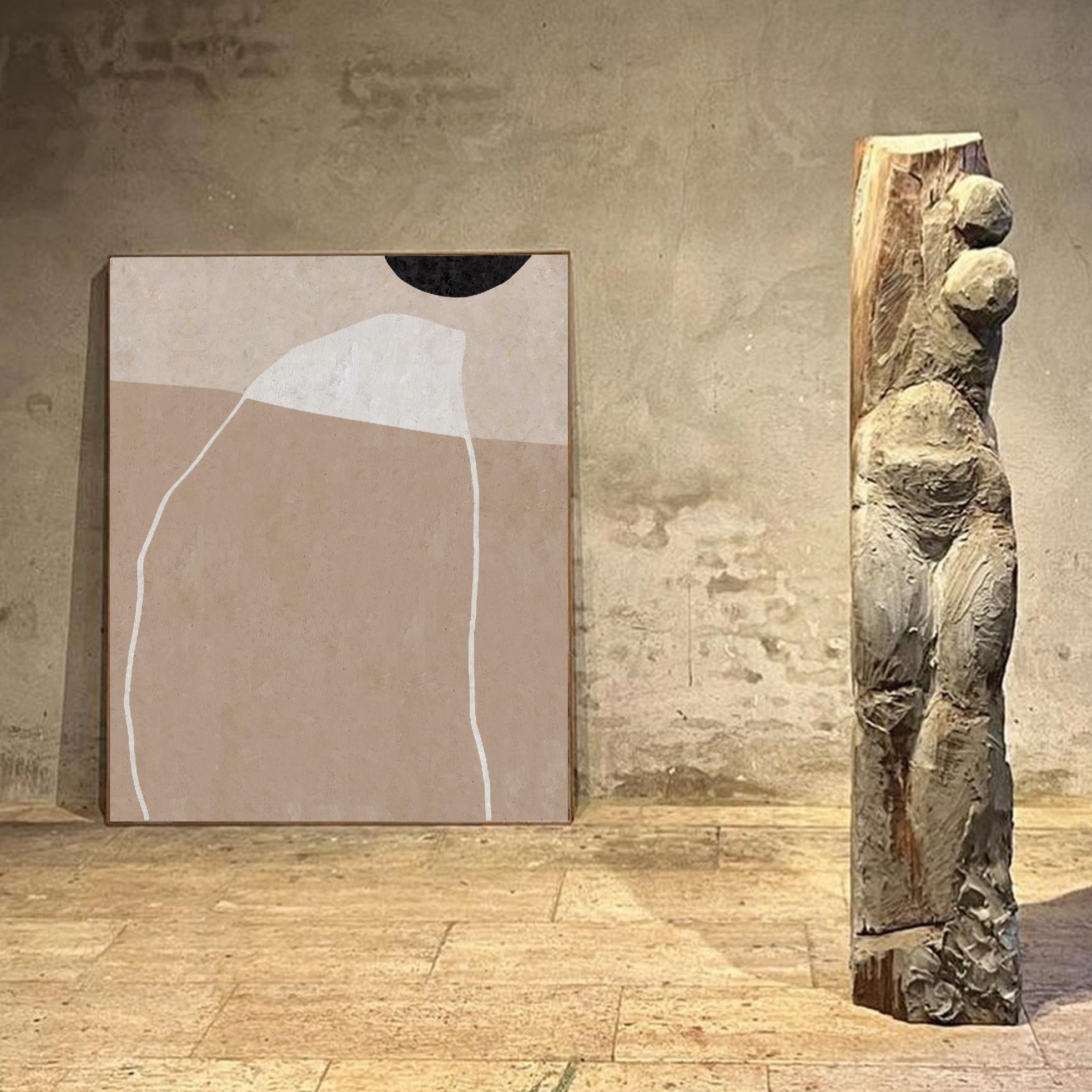 Taupe‑Beige Vertical Abstract‑Shape Line‑Textured Artwork