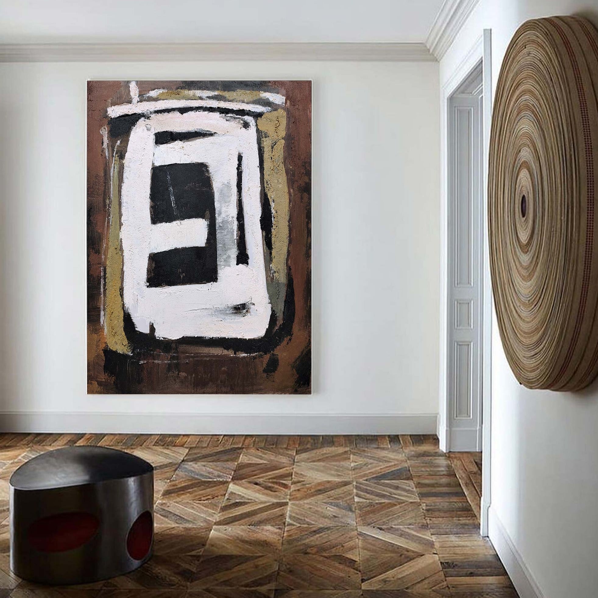 Abstract Black White Beige Geometric Oil Painting