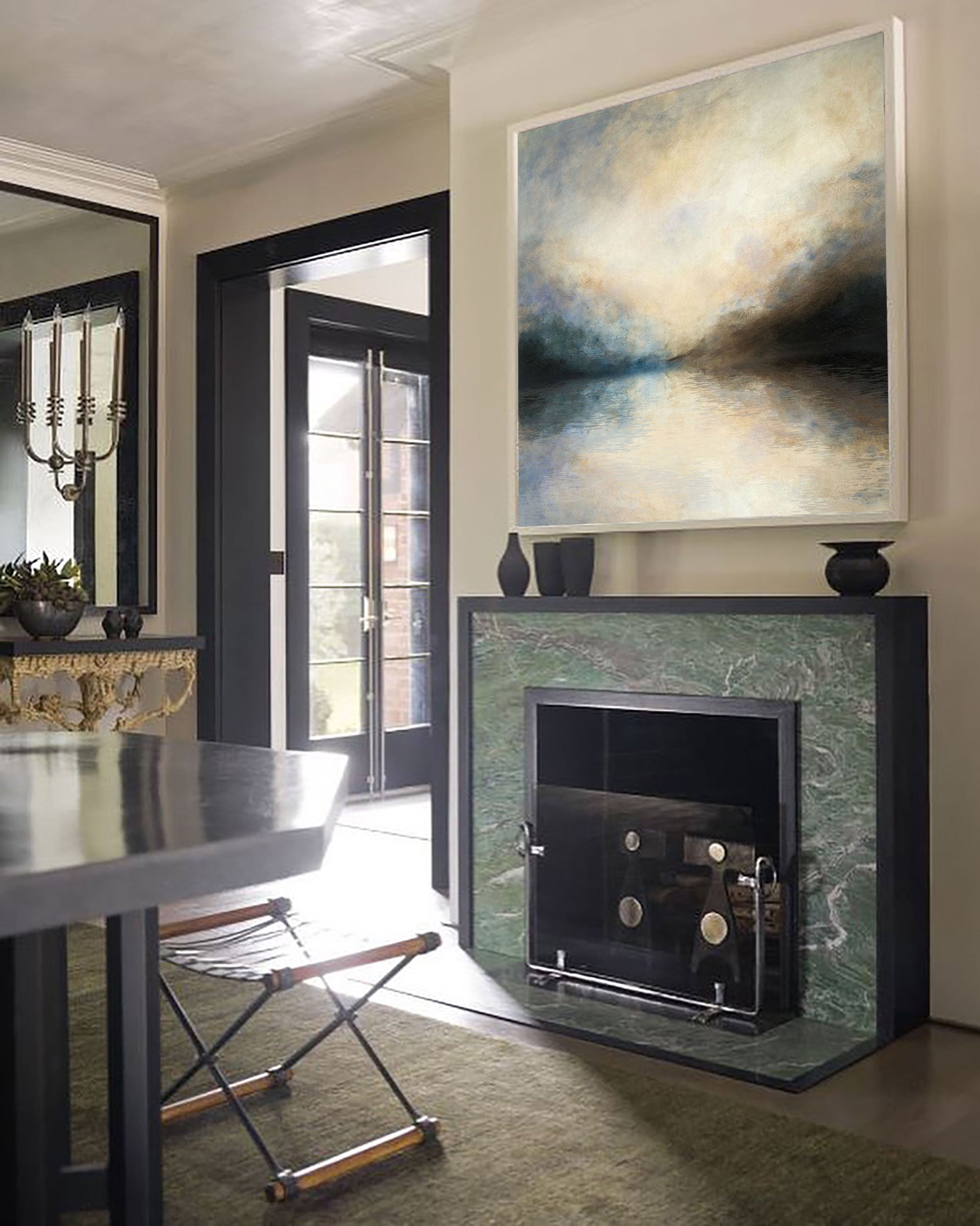 Gold‑Teal‑Grey Square Mist‑Landscape Blended‑Tone Artwor